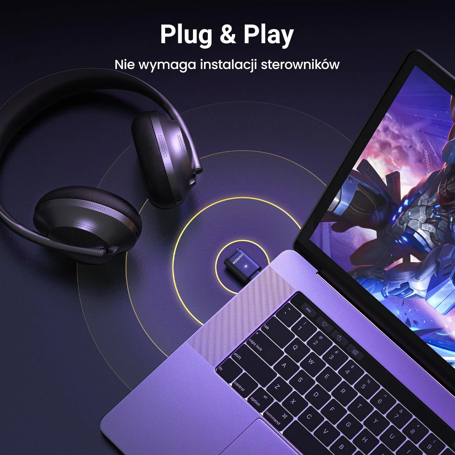 UGREEN USB C AptX 5.3 Bluetooth Dongle Adapter dla PS5/Switch/PC - Zestaw Głośnomówiący dla Windows/MacOS, Plug and Play (Tylko Audio)