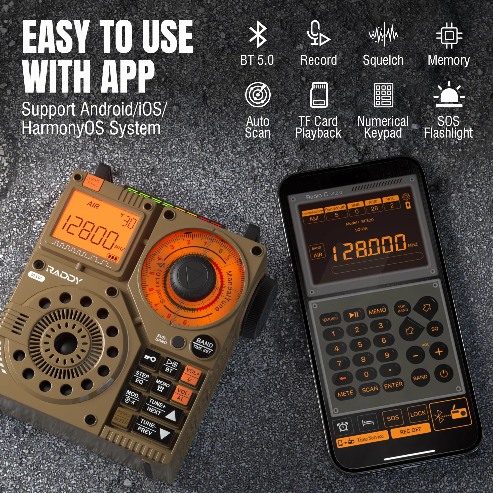 Raddy RF320 APP Control Radio krótkofalowe, odbiornik AIR/FM/AM/VHF/SW/WB, przenośne radio ładowane z anteną przewodową 9,85 m (żółty)