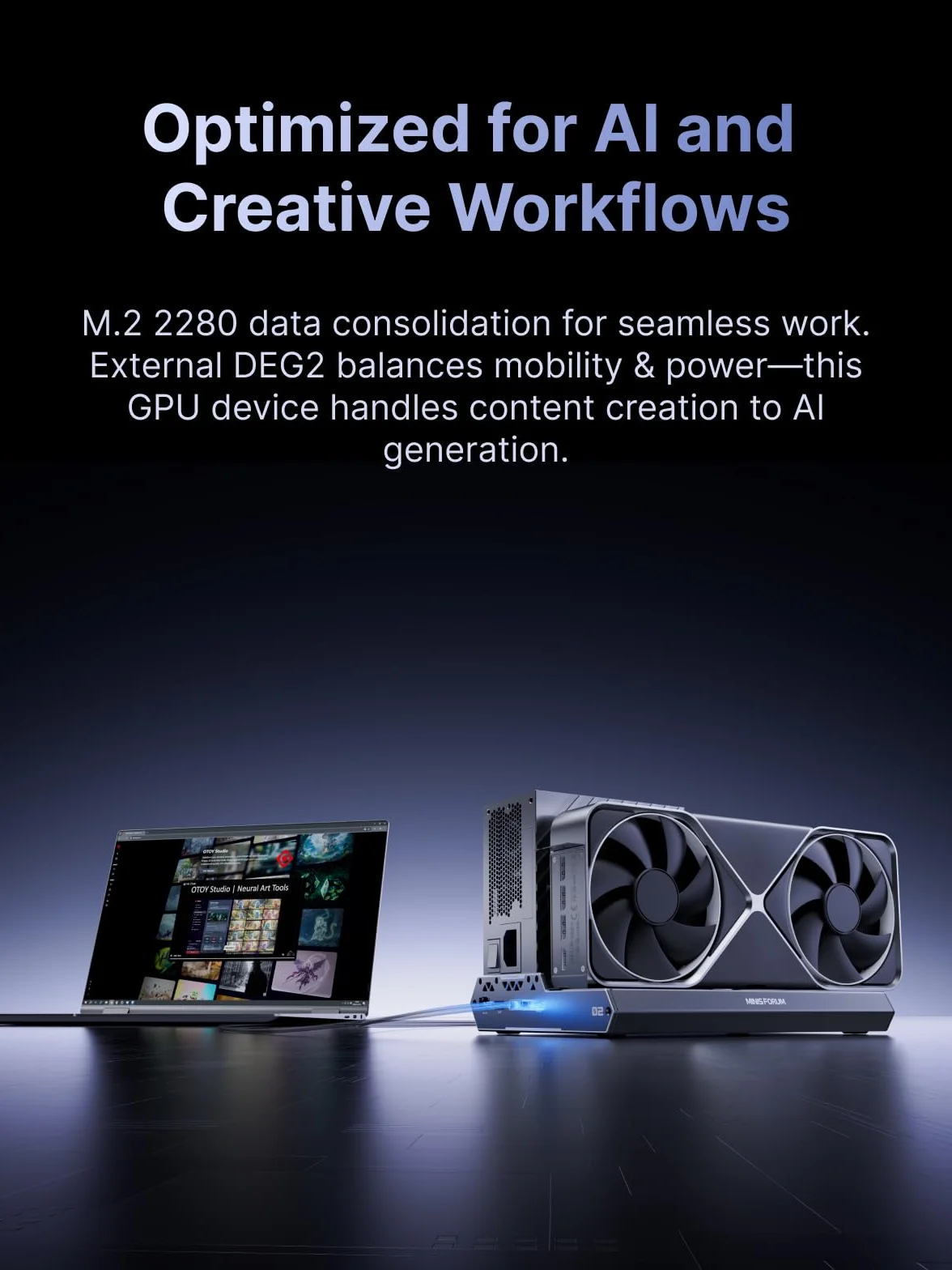 MINISFORUM DEG2 Thunderbolt 5 (80 Gb/s, 140 W) i stacja dokująca OCuLink eGPU, PCIe x16, z gniazdem M.2 NVMe, obsługuje zasilacze ATX/SFX