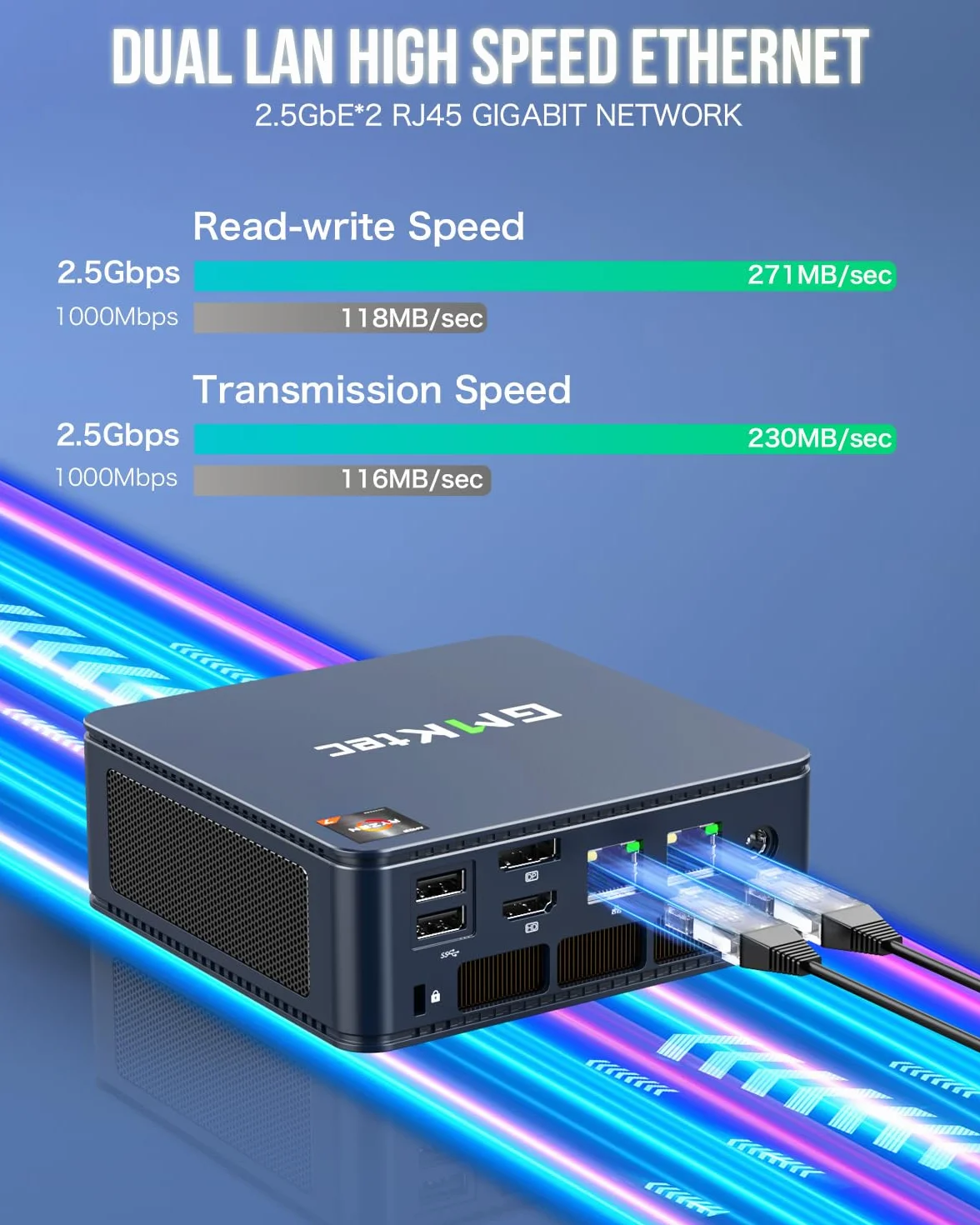 GMKtec Mini komputer 5825U, mikrokomputer biurkowy M5 Plus Dual LAN 2.5 G, AMD Ryzen 7 5825U (8 C/16 T4,50 GHz), 32 GB DDR4 RAM + 1TB PCIe-SSD, wi-fi 6E, USB 3.2, USB-C, BT 5.2, DP, HDMI