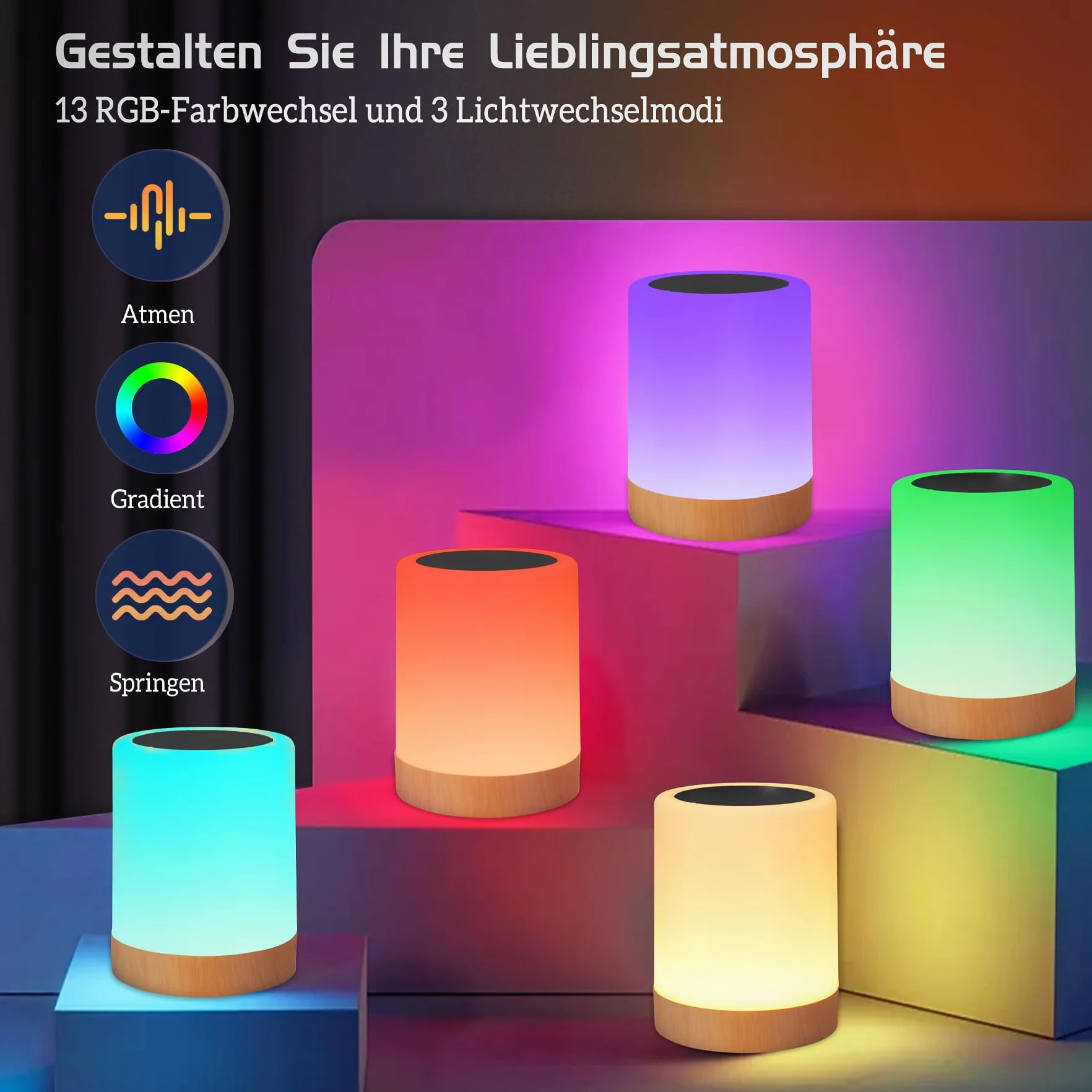 Bonsery Dotykowa ściemniana lampka nocna, bezprzewodowa lampa stołowa LED z akumulatorem USB, lampka nocna dla dzieci z zegarem i pamięcią do sypialni, łazienki, salonu