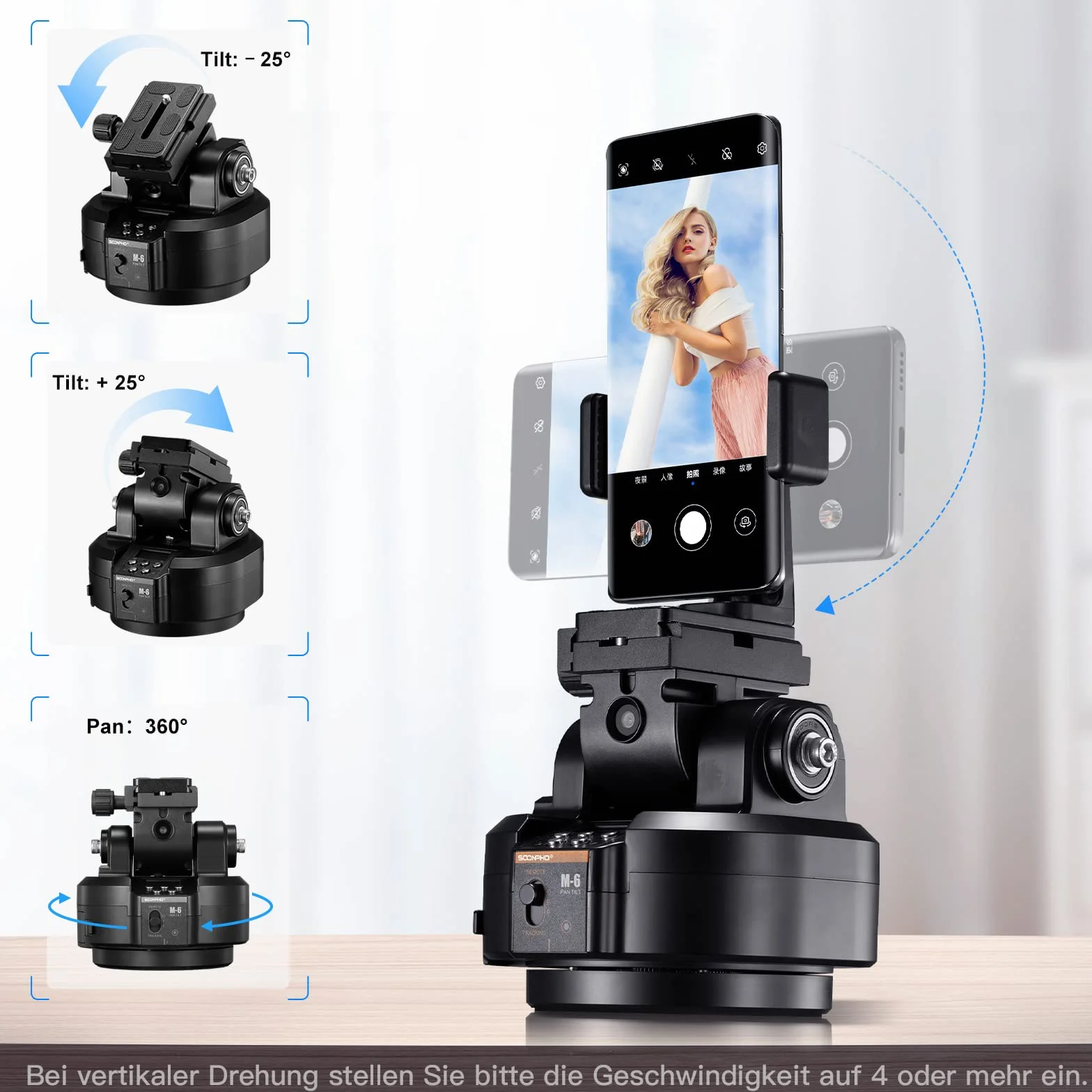 Soonpho M6 zmotoryzowana głowica statywu 360°, elektryczna, zdalna, panoramiczna z zaciskiem telefonicznym i AI Face Tracking, rozpoznawanie gestów