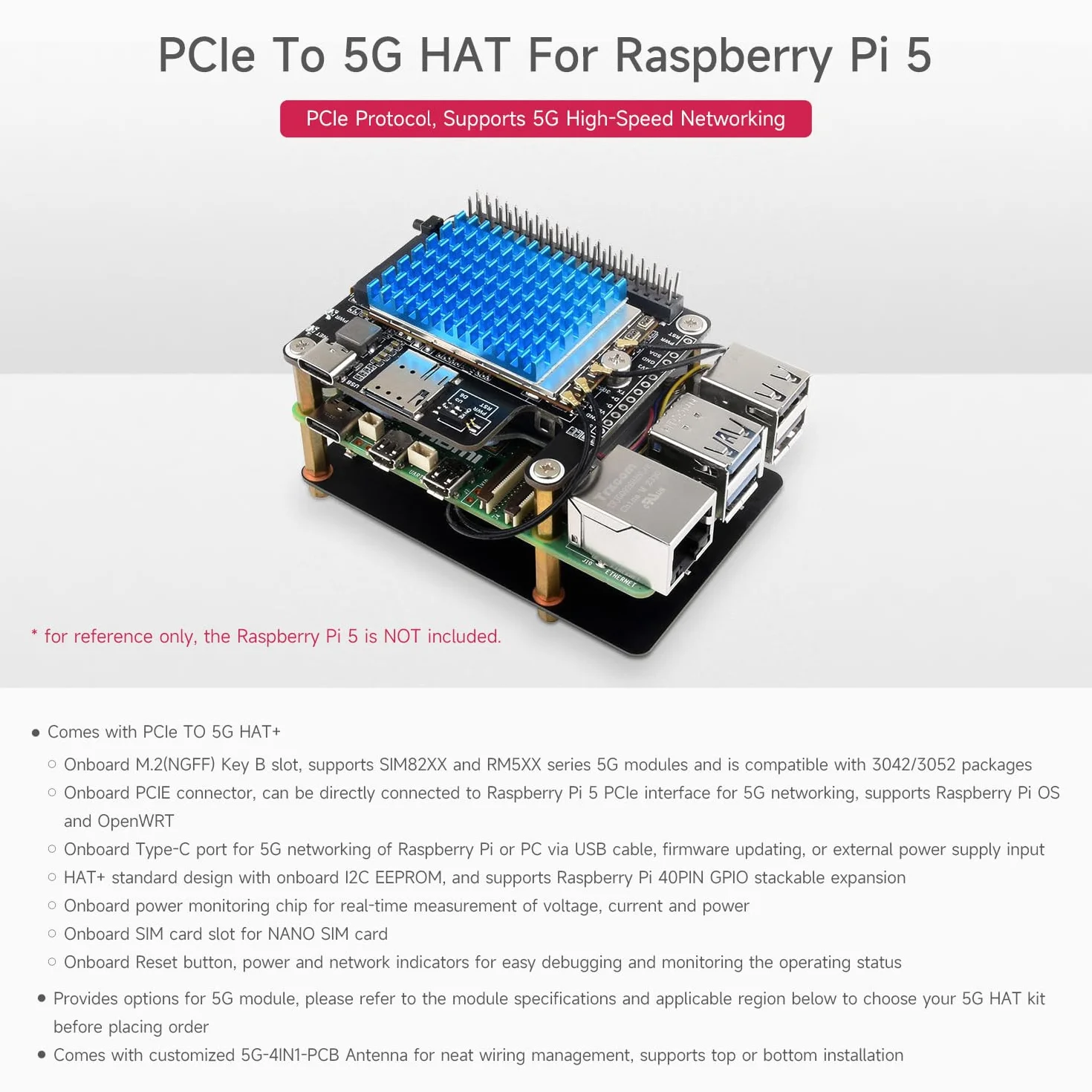 Waveshare PCIe to 5G HAT for Raspberry Pi 5, RM520N-GL 5G Module, SIMCom/Quectel Compatible