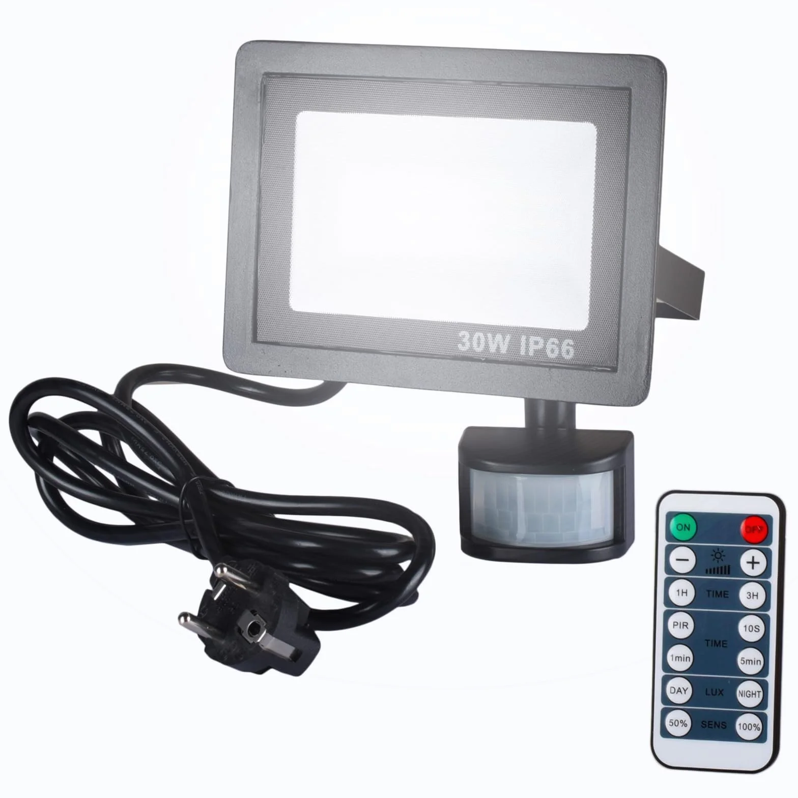 Etrogo Reflektor LED 30 W z czujnikiem ruchu na zewnątrz, pilot zdalnego sterowania, 3000 lm, 42 diody LED, 6000 K, zimna biel, możliwość ściemniania, IP66, wodoszczelny, do ogrodu, garażu, podwórka