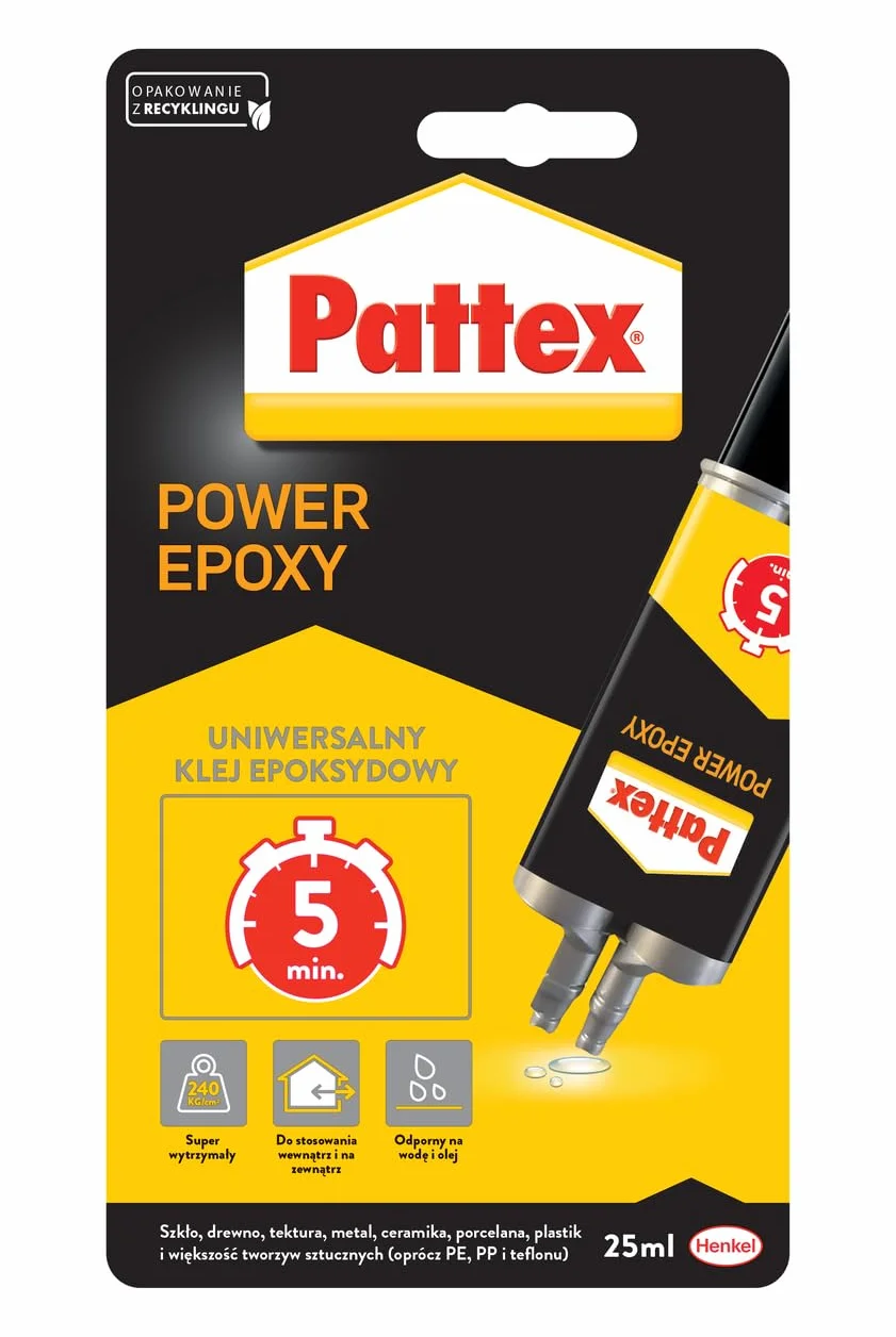 Pattex POWER EPOXY Uniwersalny klej epoksydowy 5 min łatwy w użyciu, bezbarwny, uniwersalny klej szybkowiążący, do naprawiania, klejenia i montażu, 1x25ml
