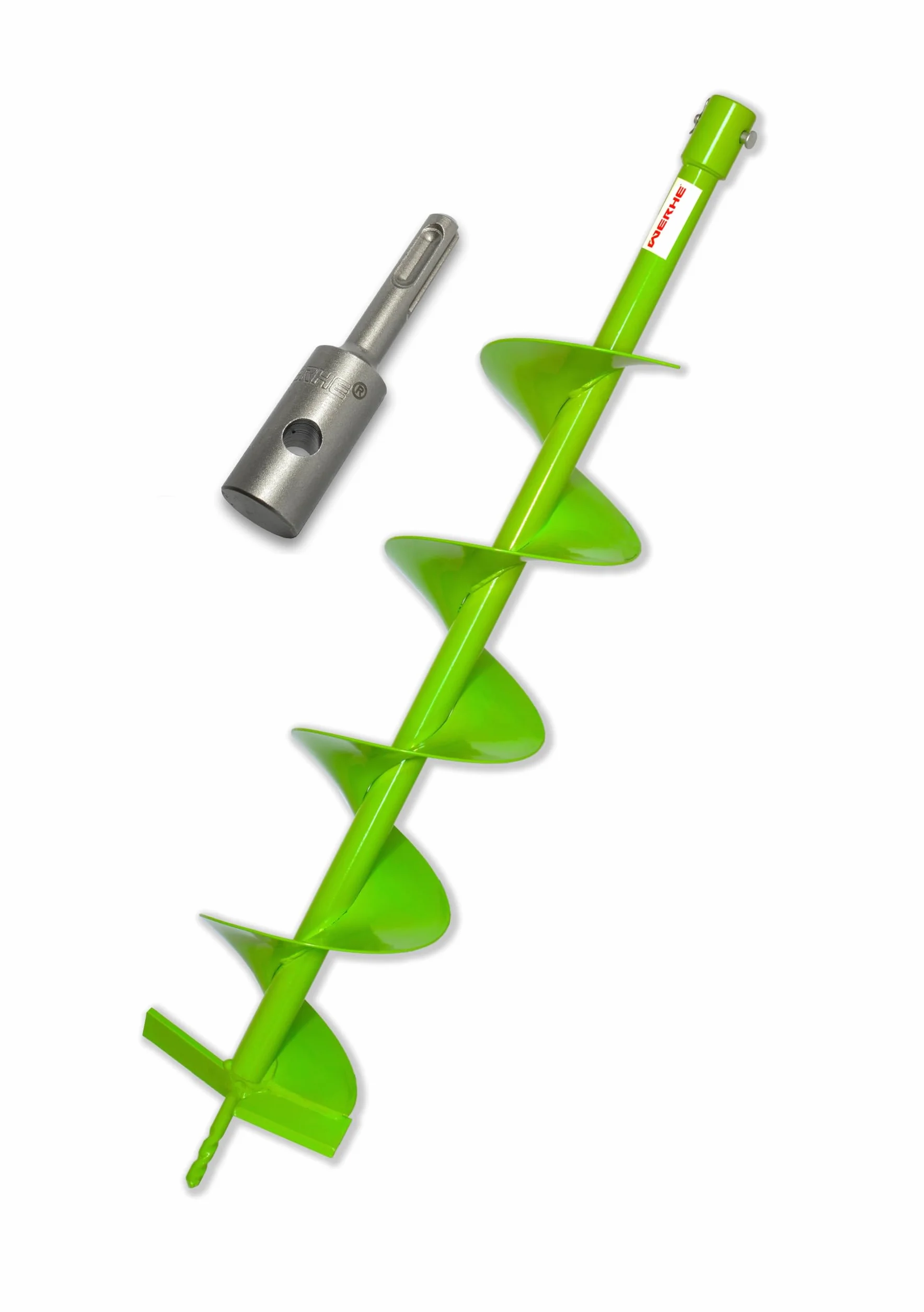 WERHE świder ziemny Ø 150 mm, długość 80 cm, adapter SDS Plus, lita stal | grot centrujący do nawiercania, uchwyt sześciokątny, w zestawie sworzeń zabezpieczający, zawleczki, do sadzenia drzew