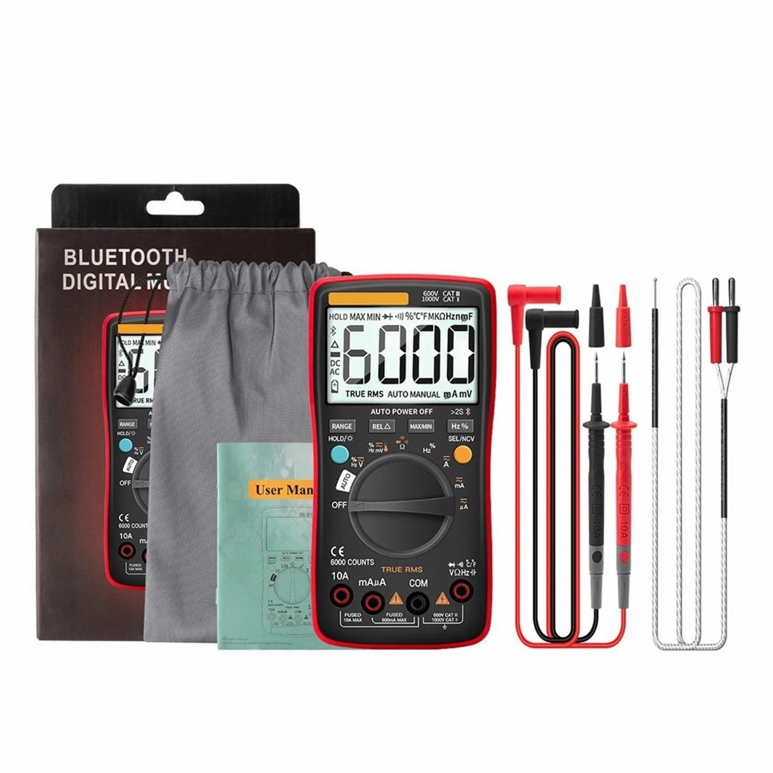 Multimetr Cyfrowy Bluetooth 6000 Liczy Profesjonalny MultimetroTrue Tester Napięcia Prądu AC/DC Auto-Range Szybko Dokładnie Łatwy Odczyt(Red)