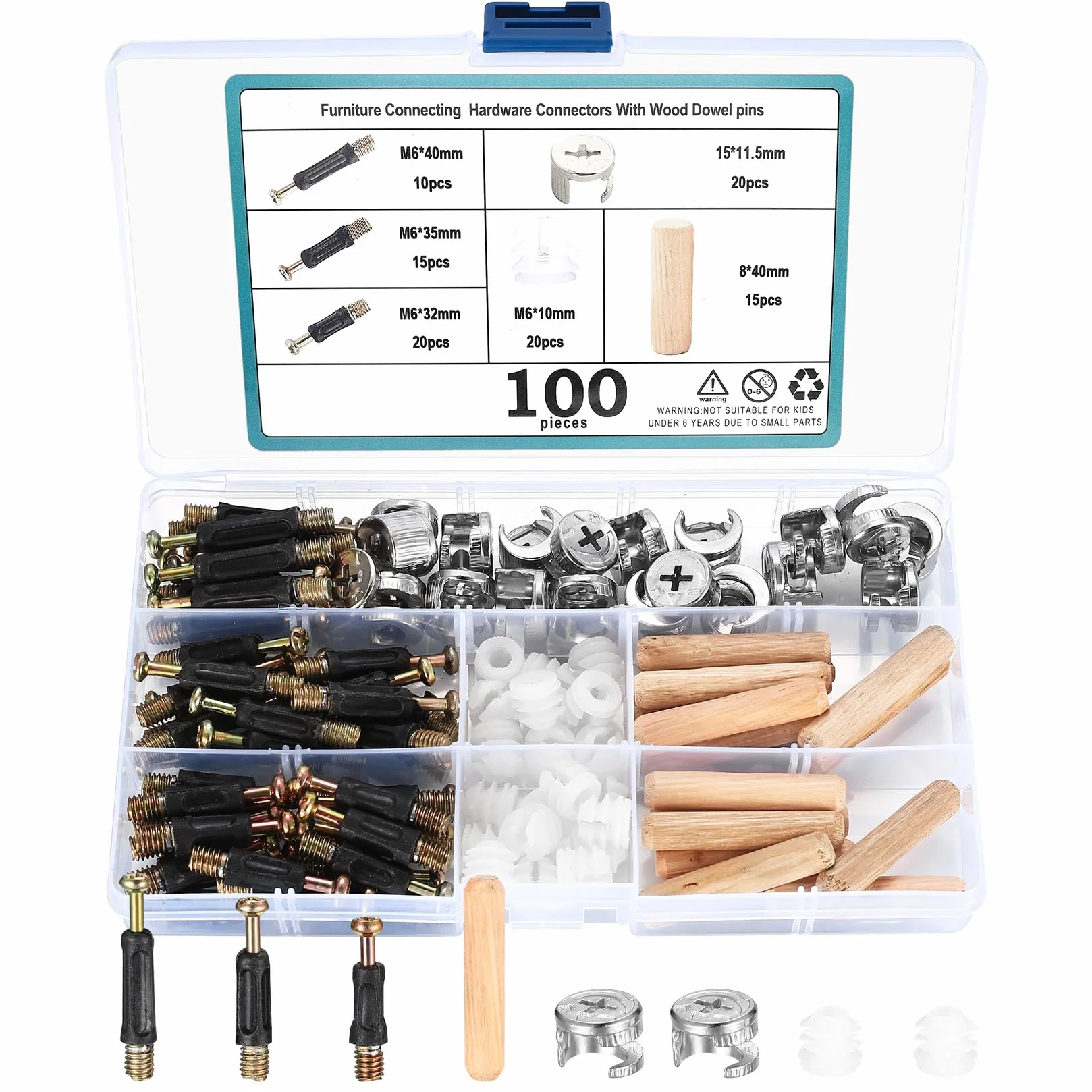 100 sztuk mimośrodowych łączników meblowych, w tym mimośrody, kołki wkręcane, nakrętki plastikowe, łączniki mimośrodowe, kołki drewniane, zestaw śrub mocujących łączniki meblowe do mebli