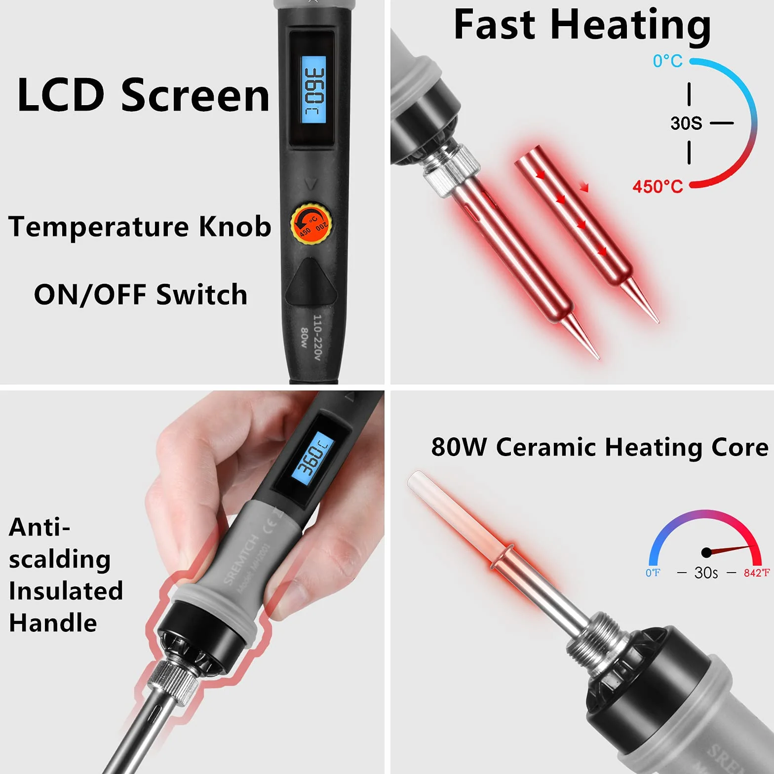 Zestaw lutownicy SREMTCH 80W, groty lutownicze do ekranu LCD (200 ° C - 450 ° C) z włącznikiem / wyłącznikiem i przyciskiem regulacji temperatury, szybko nagrzewająca się ceramiczna konstrukcja termostatu, dodatkowe 5 szt