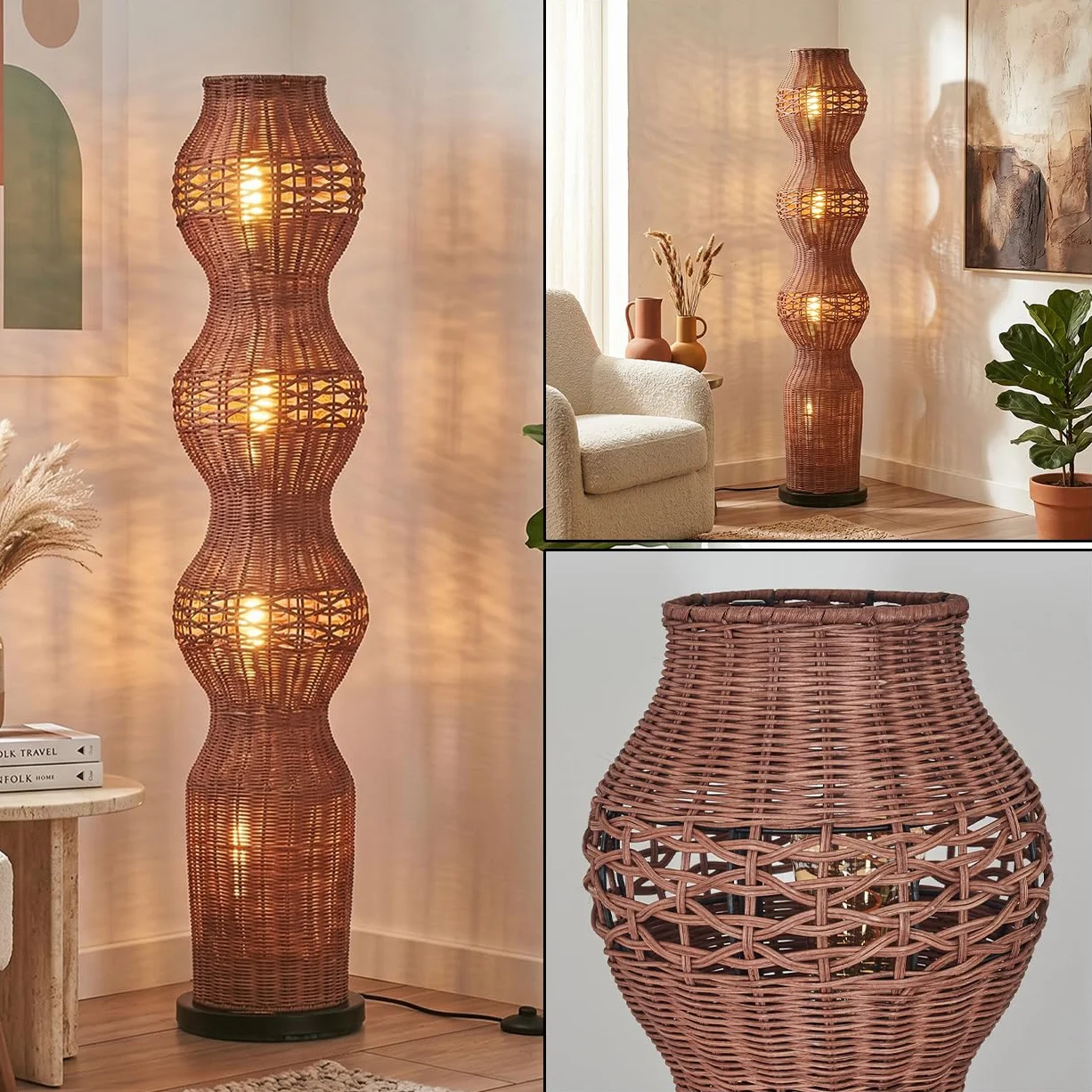 HOFSTEIN lampa podłogowa Cardeira, lampa stojąca w skandynawskim designie, styl boho z kloszem ze szczurów w kolorze brązowym i efektem świetlnym, E27, wysokość 111 cm, włącznik nożny