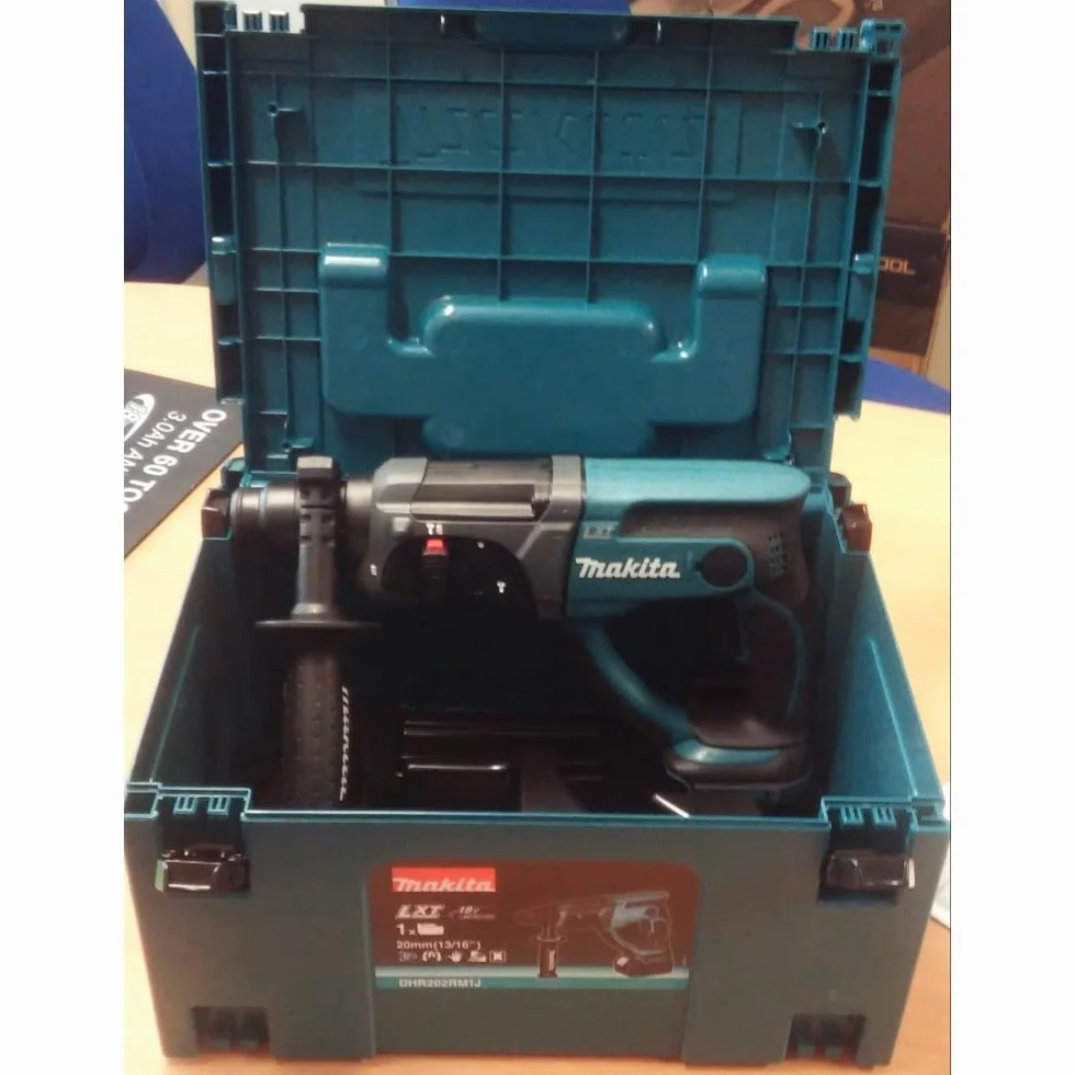 Makita Akumulatorowy młot kombi do SDS+ 18,0 V w MAKPAC bez akumulatora 1,5 Ah, bez ładowarki, DHR202ZJ, niebieski, srebrny