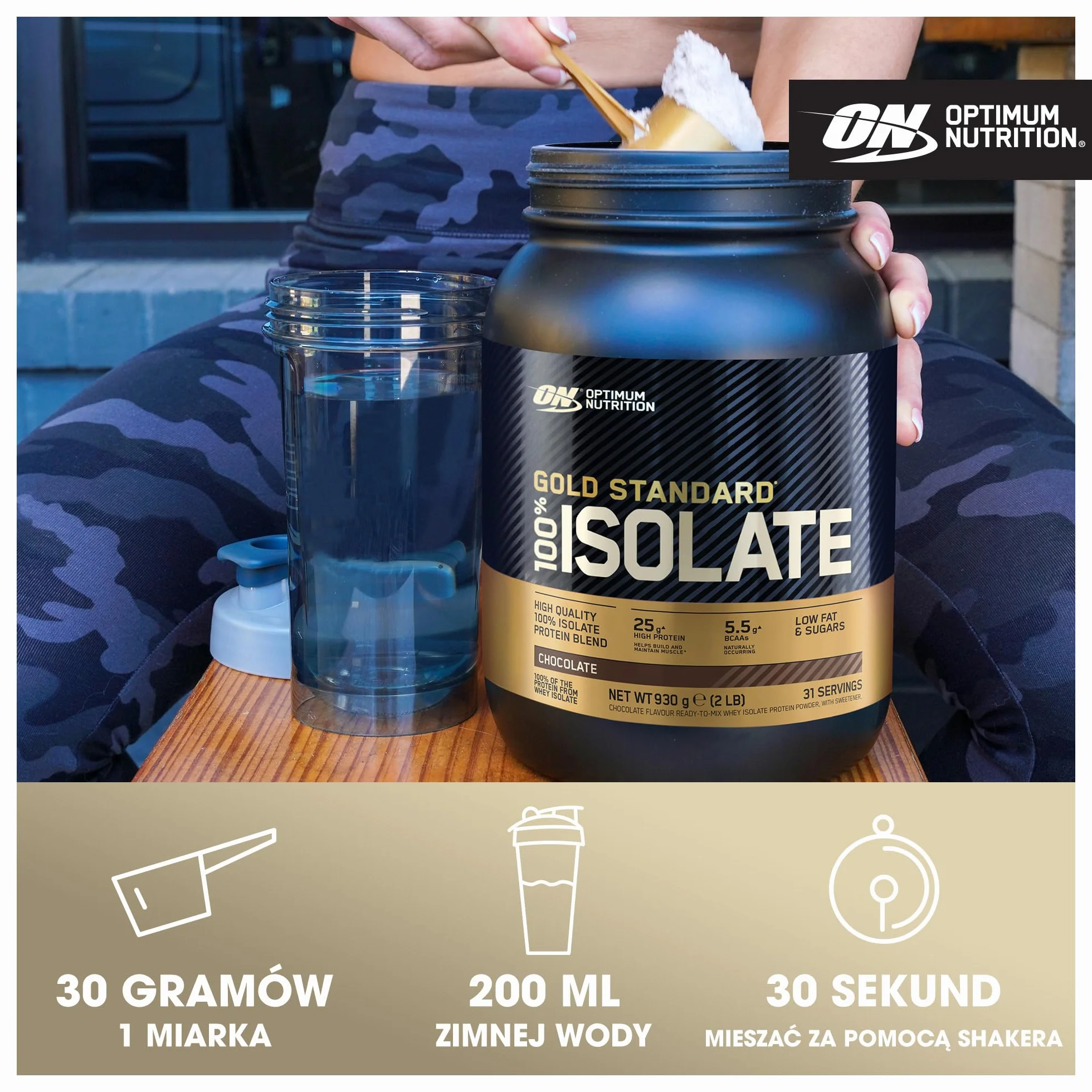 Optimum Nutrition ON Gold Standard 100% Isolate, 100 % Izolat Białka Serwatkowego, BCAA i Glutamina, Przed i po treningu, Smak Czekolada, 31 Porcji, 930 g