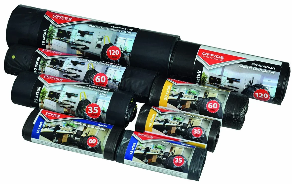 Office Products 2202122-05 worki na śmieci 60 l – 10 sztuk grubych LDPE | worki na śmieci, worki na śmieci, worki na odpady domowe do biura | kolor: czarny | grubość folii: 19 μm