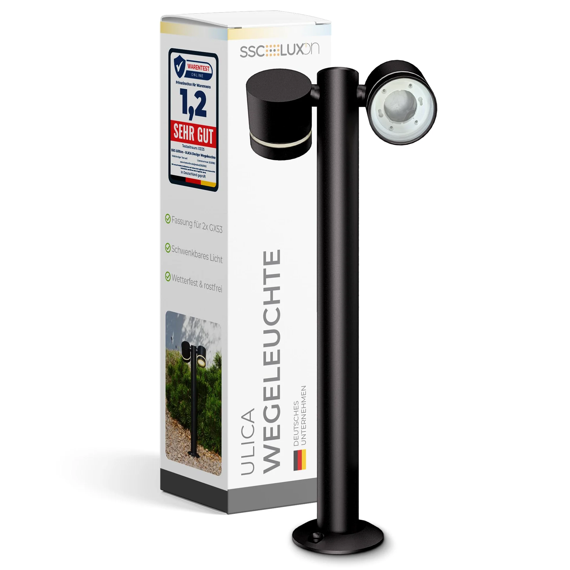 SSC-LUXon ULICA lampa zewnętrzna stojąca z podwójnym reflektorem GX53 IP54 | Odporna na warunki atmosferyczne zgodnie z normą IP, wytrzymała i trwała, idealna do wejścia, tarasu i podjazdów.