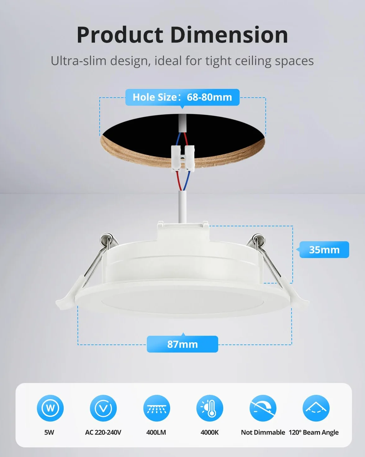 Gr4tec Reflektor łazienkowy LED, IP65, 20 sztuk, bardzo płaskie, białe neutralne, 4000 K, 5 W, 400 lm, wpuszczana reflektor 220 V, otwór 68–80 mm, wpuszczana lampa sufitowa LED do salonu, kuchni,