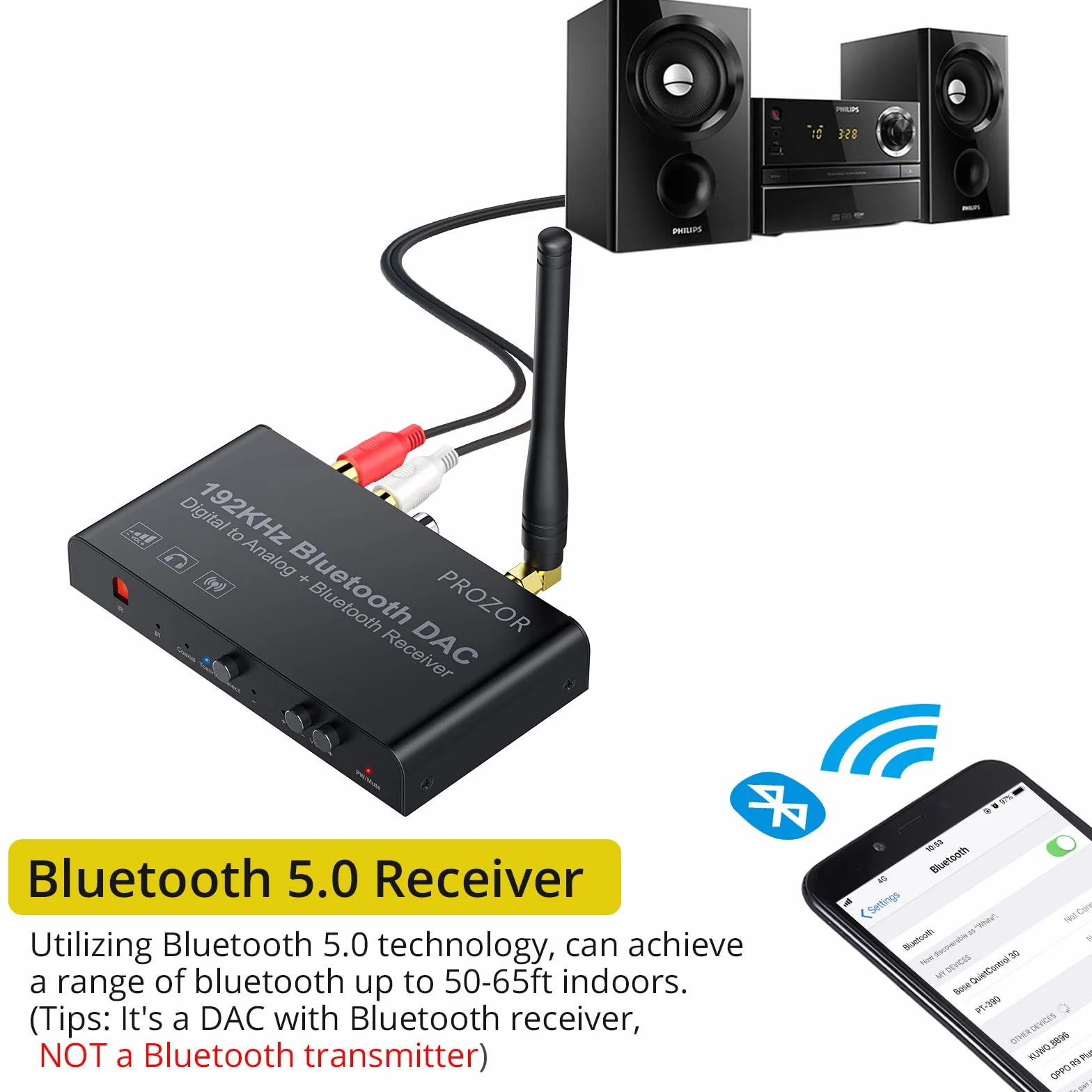 PROZOR Konwerter DAC 192 kHz Bluetooth V5.0 Toslink SPDIF optyczne RCA 3,5 mm wyjście cyfrowe na analogowy audio