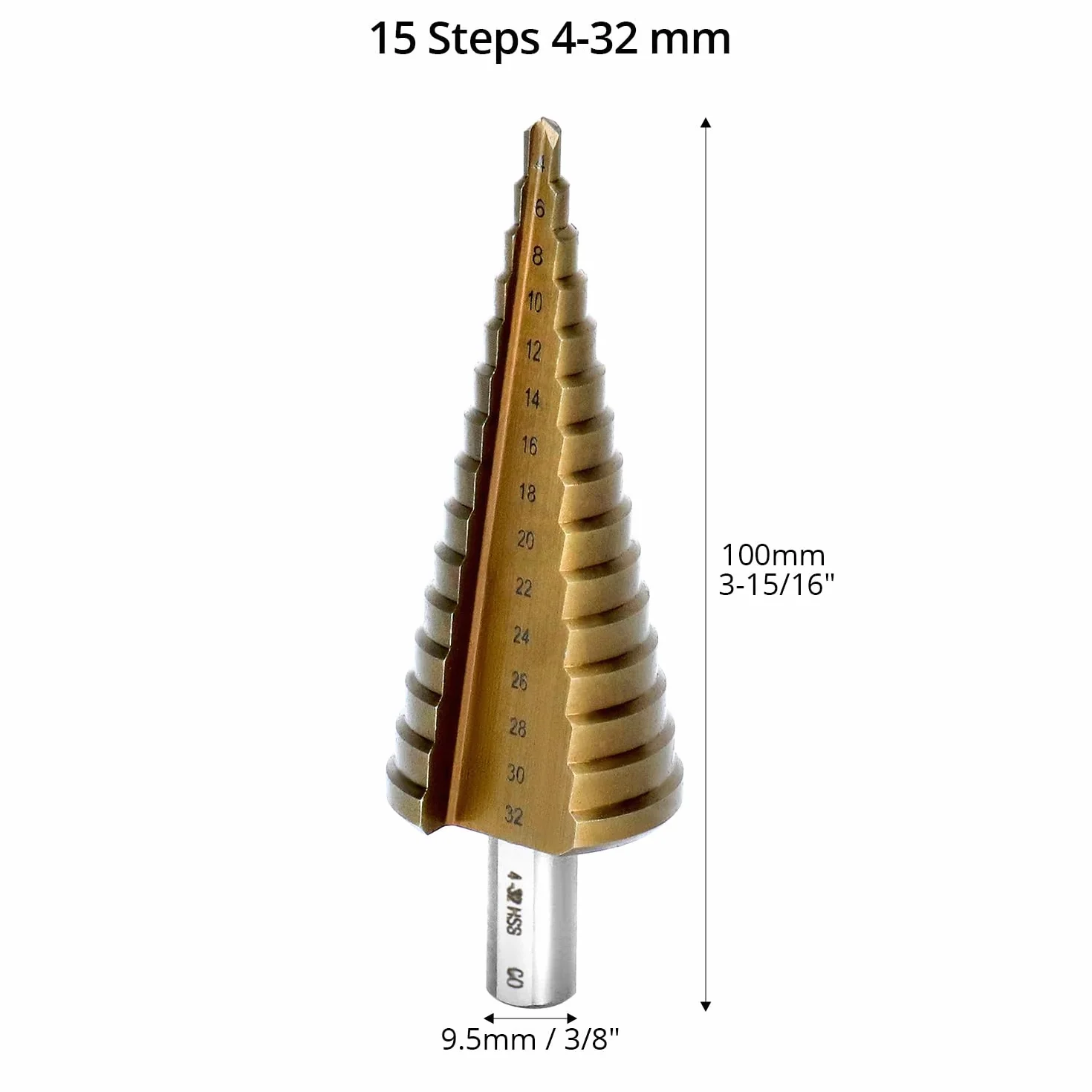 QWORK HSS-Co/M35 stopniowe wiertło 4-32 mm, solidne wiertło stożkowe do stali nierdzewnej/żelaza/aluminium/plastiku/drewna - 9,5 mm trójkątny trzpień