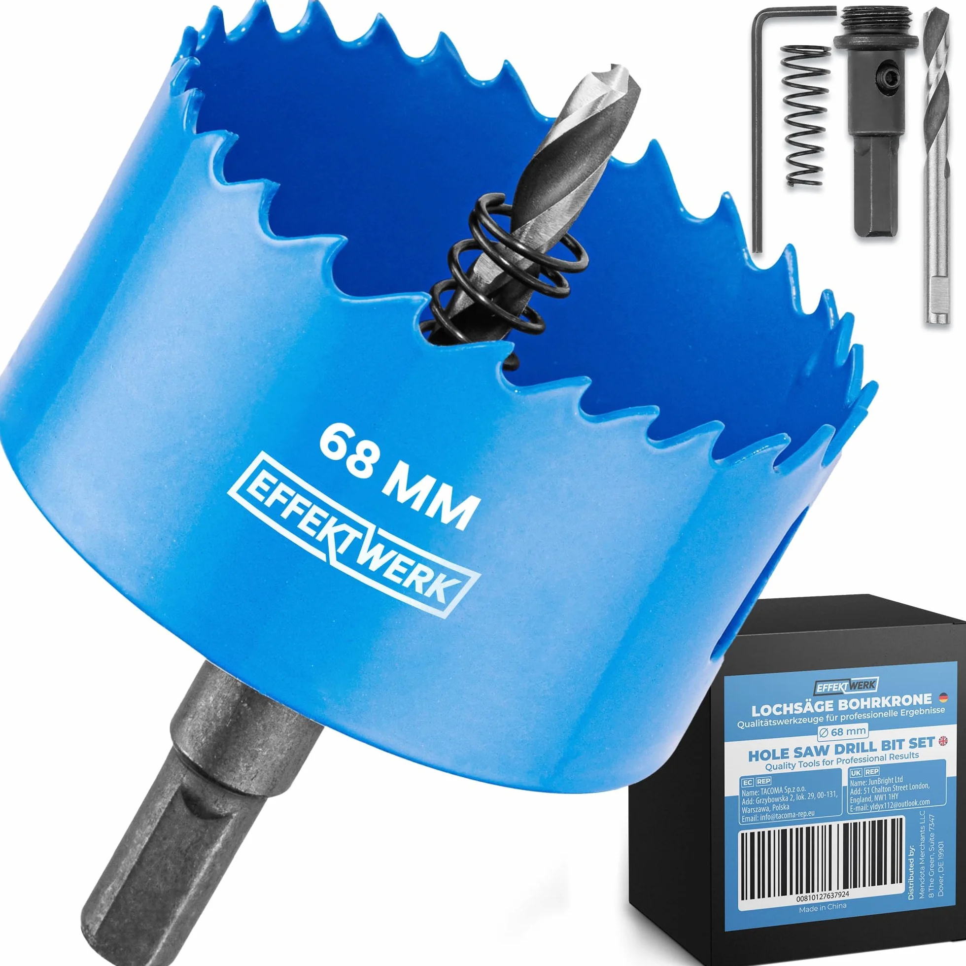 Hole Saw Drill Bit - 68mm - Includes 3 Centre Drills, Hex Key & Drill Adapter - Perfect for Soft Wood & PVC