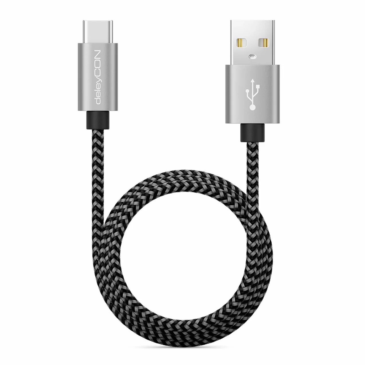 deleyCON 1m Nylon USB-C Kabel Ładowania Przewód Danych Metalowe Wtyki