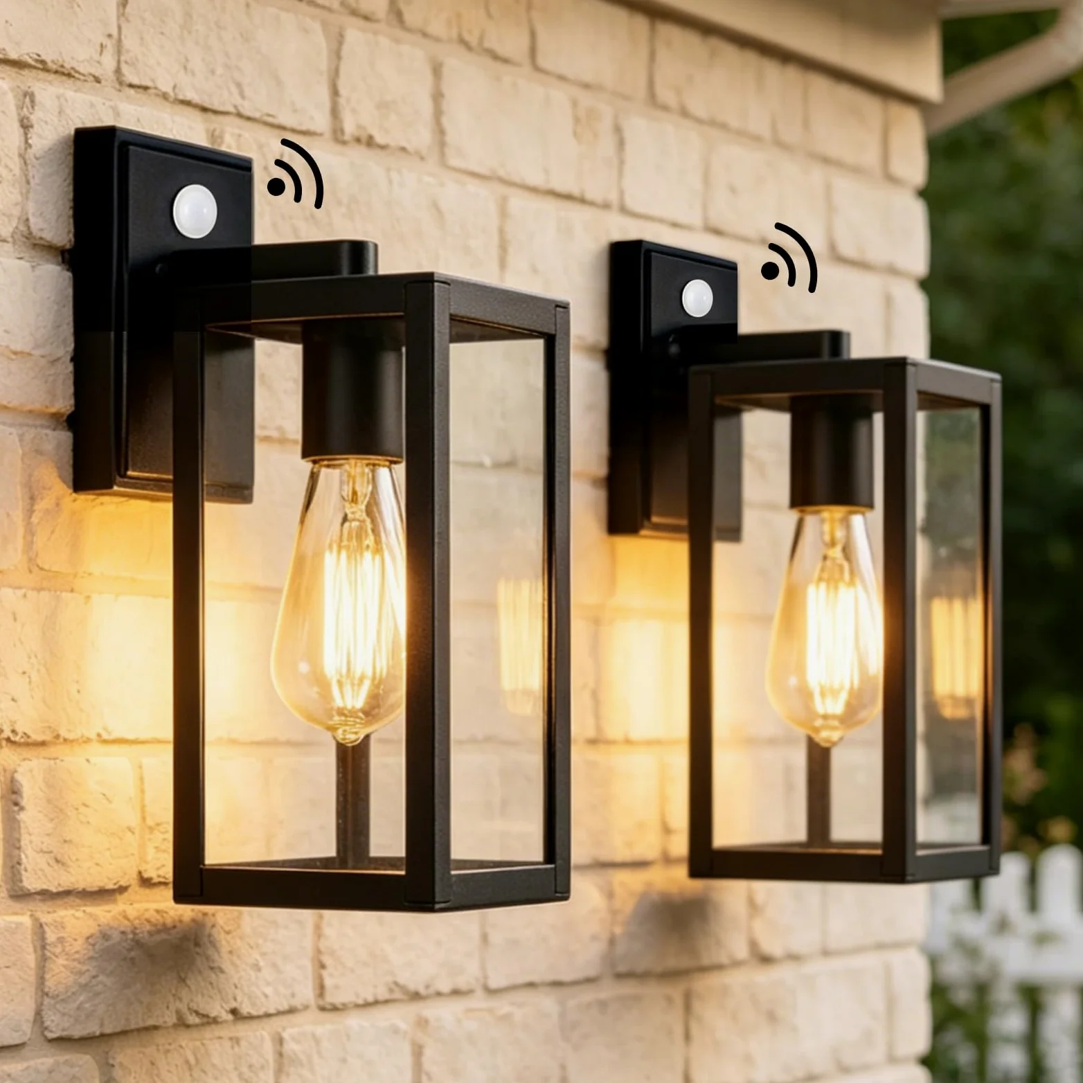Zewnętrzna lampa ścienna z czujnikiem ruchu, lampa ścienna PIR zewnętrzna E27 czarna, 2 sztuki | Wysokiej jakości aluminiowy czujnik zmierzchu; do drzwi wejściowych, garażu lub tarasu. Światło bezpieczeństwa