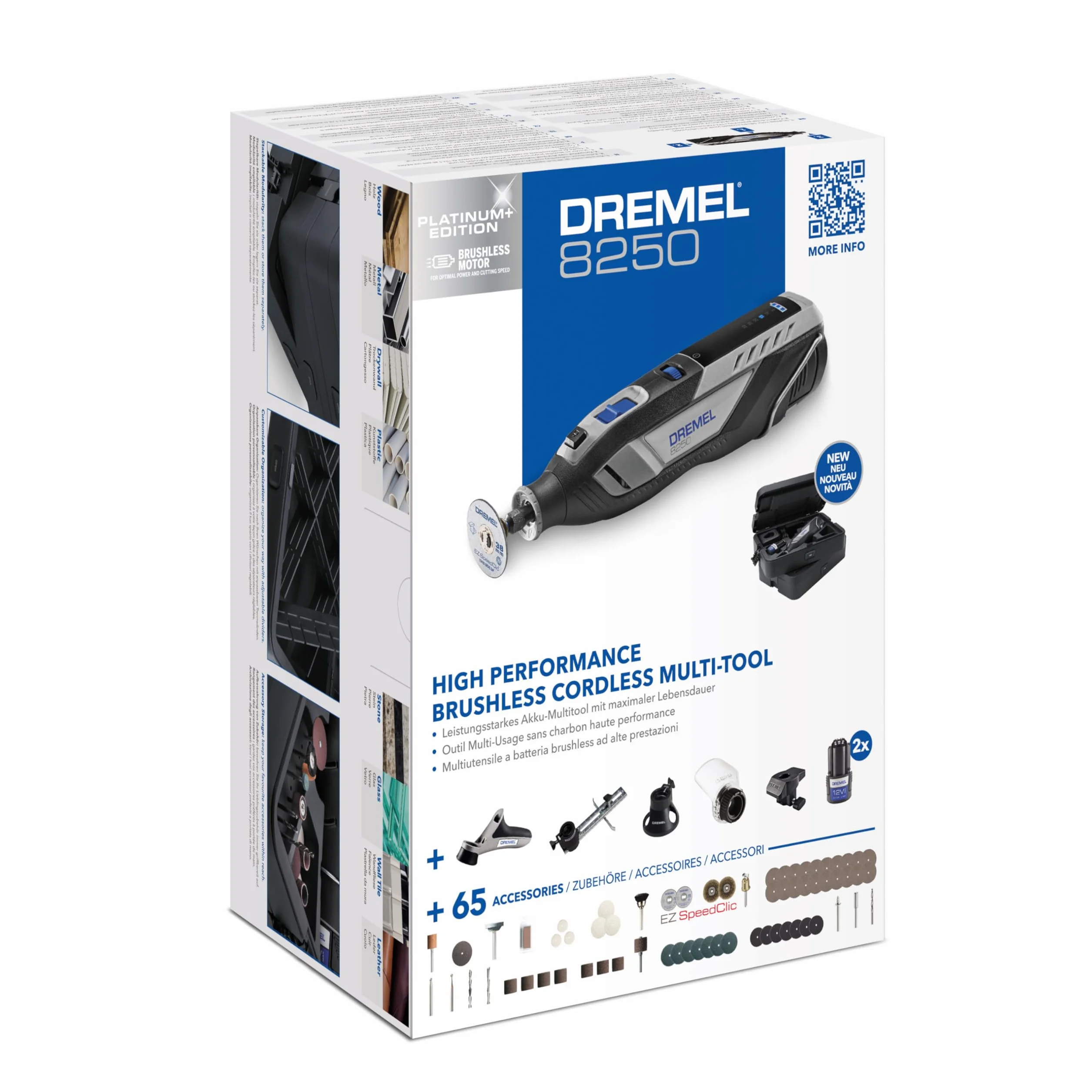 Dremel 8250 12V akumulatorowe narzędzie obrotowe 5000–30 000 obr./min Bezszczotkowe narzędzie wielofunkcyjne w zestawie z pudełkiem Dremel, 65 akcesoriami, 5 nasadkami