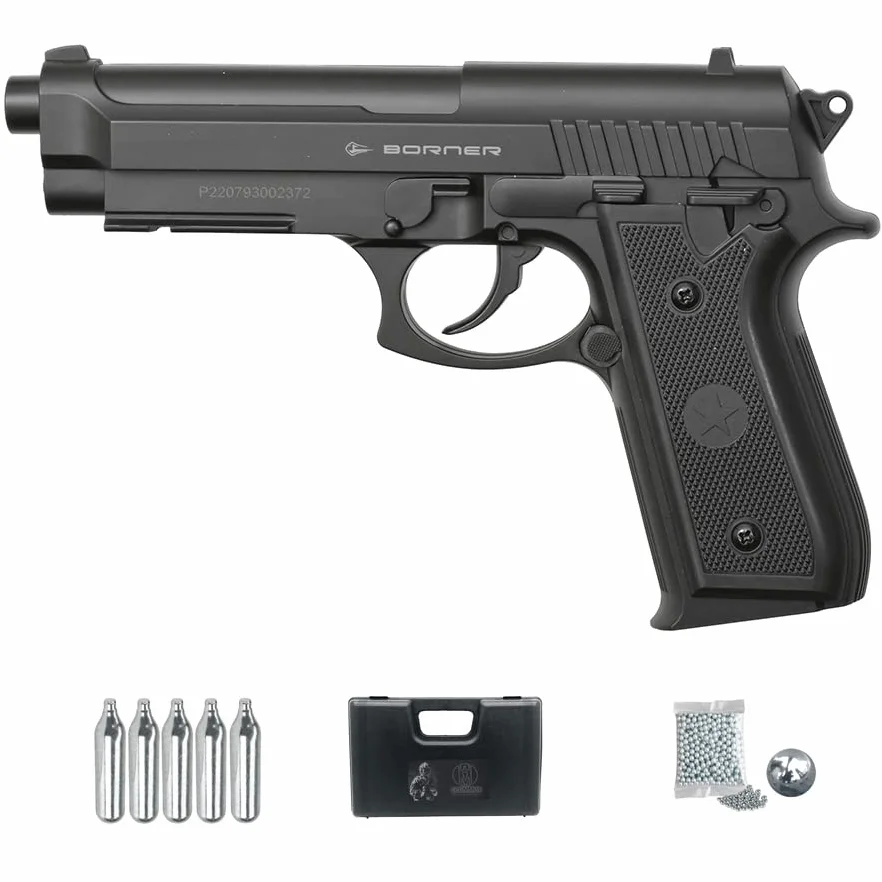 Pistolet do baliw Borner 92 | Półautomatyczny pistolet BB's stalowe kulki kaliber 4,5 mm (śrut BB's) typ Beretta 92 + walizka, CO2 i kulki