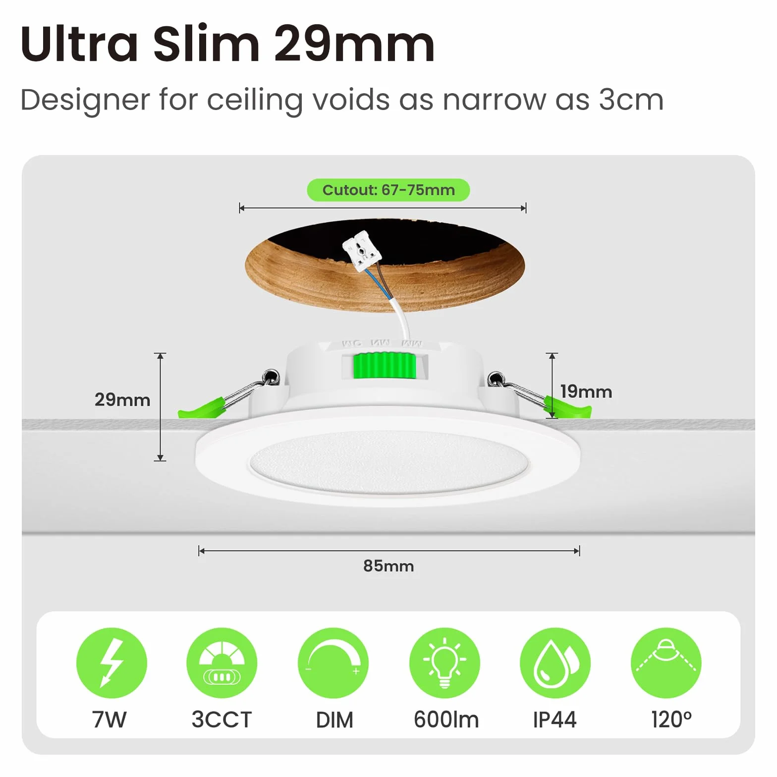 ALUSSO LIGHTING Ściemniany Punkt LED, 7W, Ciepła Biel 3000K/Neutralna Biel 4000K/Zimna Biel 6500K, Wbudowane Oświetlenie Sufitowe Extra Płaski 29mm, łazienkowy IP44, Biały, Zestaw 24 Sztuk