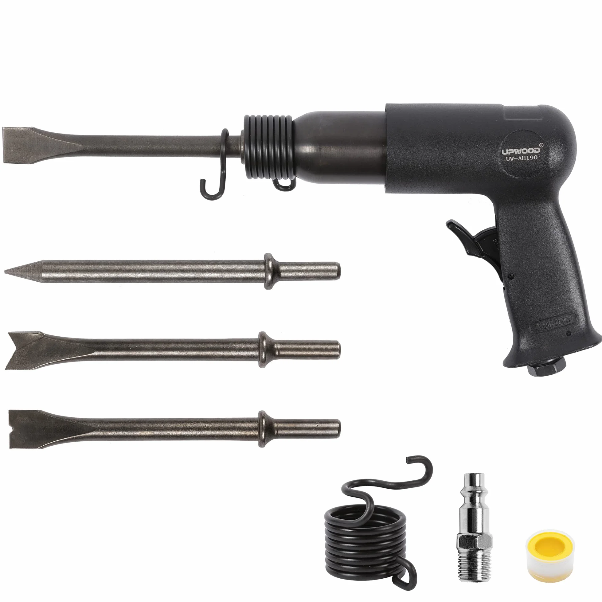 UW-AH190 Zestaw młota pneumatycznego ze średnim cylindrem z uchwytem szybkiej wymiany i 4 dłutami, skok 2-5/8 cala, 3500 BPM, lekki