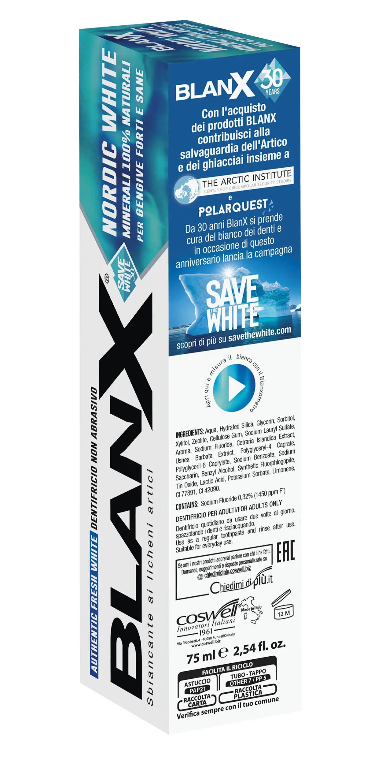 BlanX, Nordic White pasta do zębów przeciw plamom, w 100% z naturalnych włókien, uspokajająca i regenerująca, natychmiastowa świeżość, format 75 ml