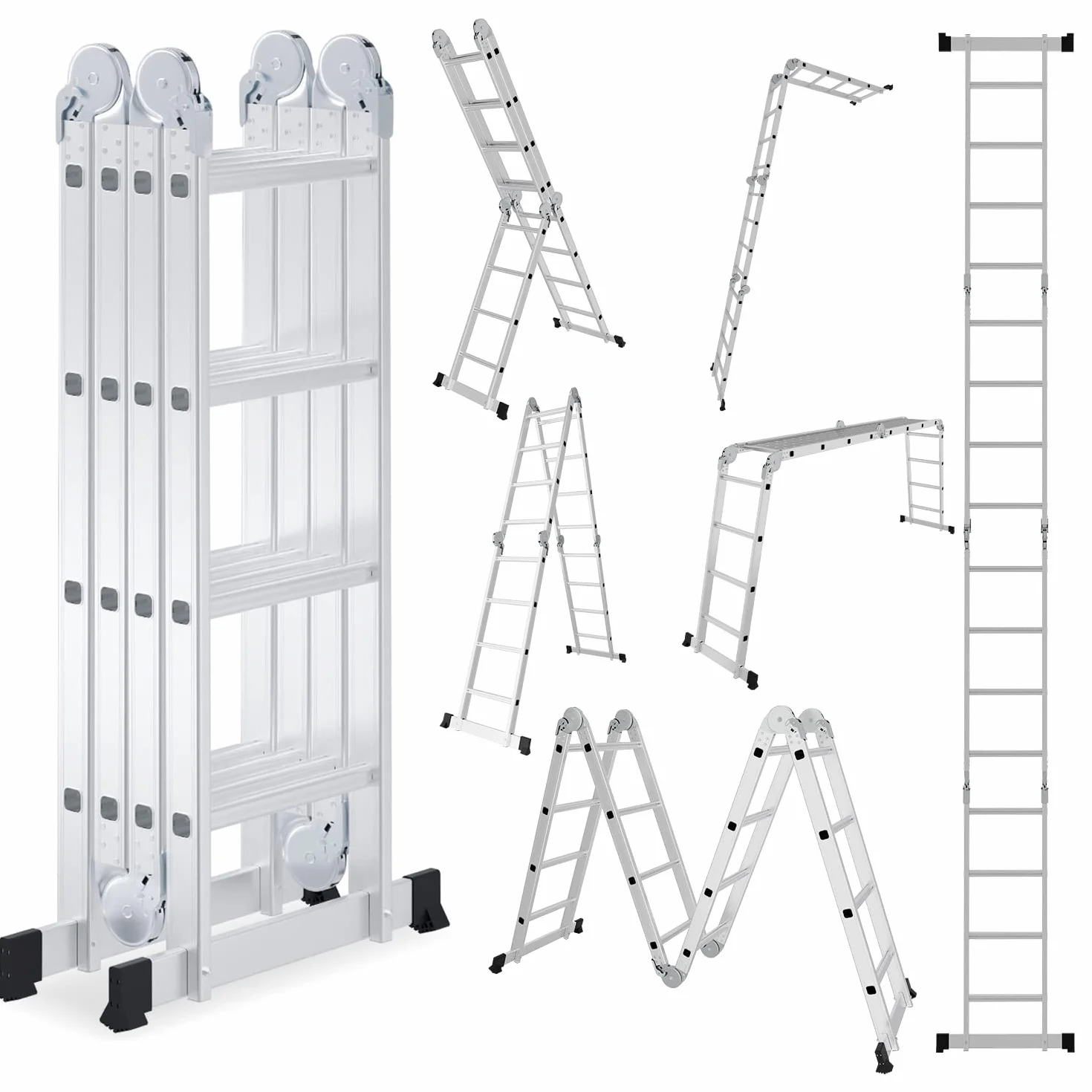 7 w 1 drabina wielofunkcyjna 4 x 4, 470 cm, aluminiowa drabina wielofunkcyjna, z platformą i kółkami, drabina wielofunkcyjna, 16 szczebli, drabina stojąca, maks. obciążenie 150 kg