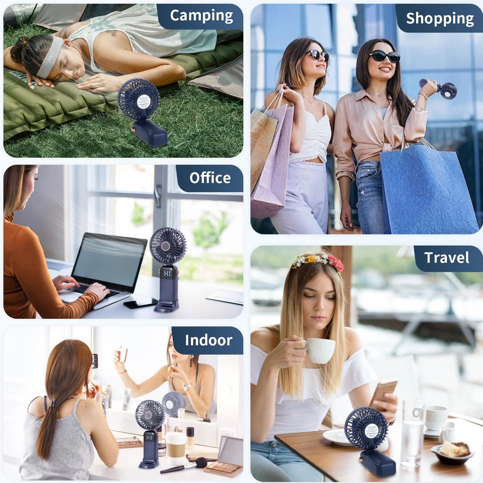 CNMTCCO Wentylator ręczny, przenośny, cichy mini wentylator, ładowany przez USB, składany wentylator z 5 stopniami prędkości, mały wentylator kieszonkowy, z cokołem i paskiem do zawieszenia, do