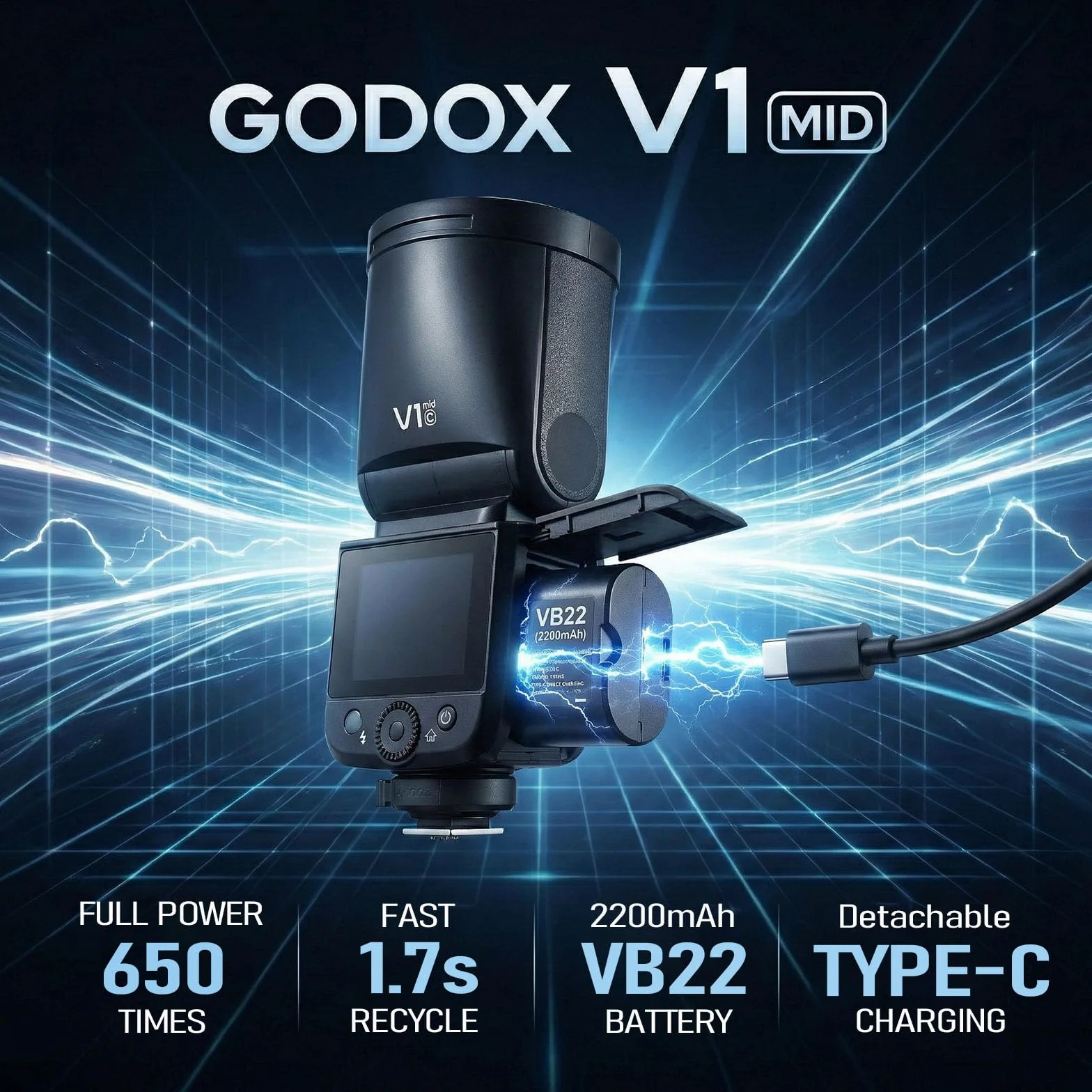 Godox V1 mid S lampa błyskowa TTL z okrągłą głowicą do Sony, bezprzewodowa 2,4G z 2″ ekranem dotykowym, czas ładowania 1,7s i do 650 błysków przy pełnej mocy, HSS 1/8000s, lampa modelująca LED 2W