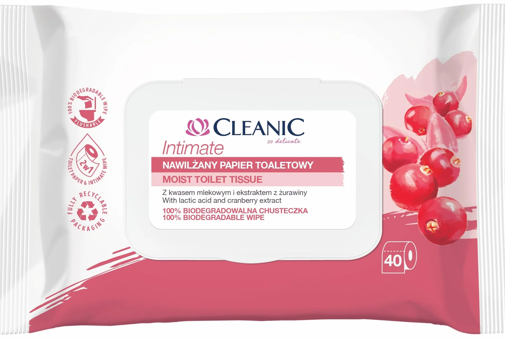 Cleanic Intimate Nawilżany Papier Toaletowy - spłukiwalny - Połączenie nawilżanego papieru i chusteczki nawilżanej - oczyszcza i odświeża okolice intymne - ekstrakt z żurawiny i prebiotyk - 40 sztuk