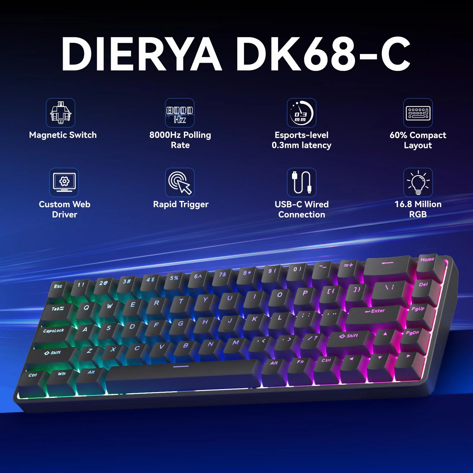Dierya DK68C HE Rapid Trigger mechaniczna klawiatura gamingowa magnetyczna RGB USB-C 68 klawiszy N-Key