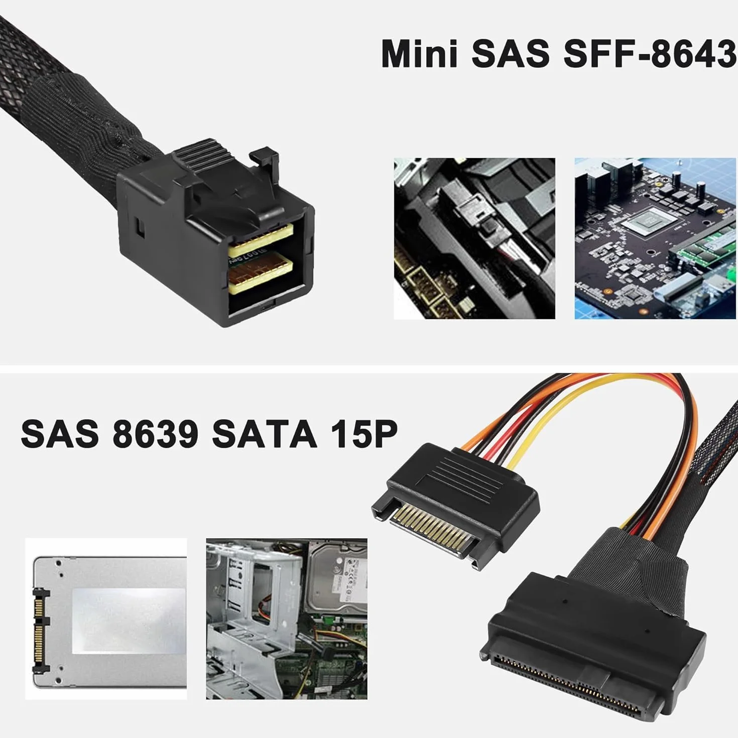 XMSJSIY Mini SAS HD SFF-8643 na SAS 8639 12 Gb/s wewnętrzny serwer NVMe kabel połączeniowy SSD z 15-biegunowym zasilaczem SATA 50 cm/19,6 cala