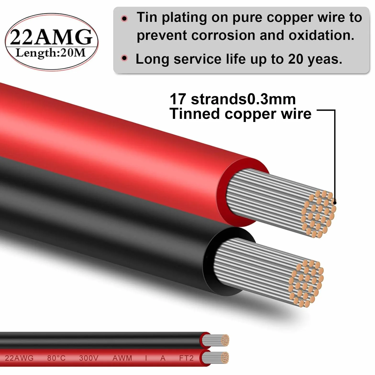 ADNEWX® 20 m 2 pin 22AWG czerwony i czarny przewód PVC LED przedłużacz 12 V jest często stosowany w przypadku lamp/taśmy LED i okablowania elektronicznego