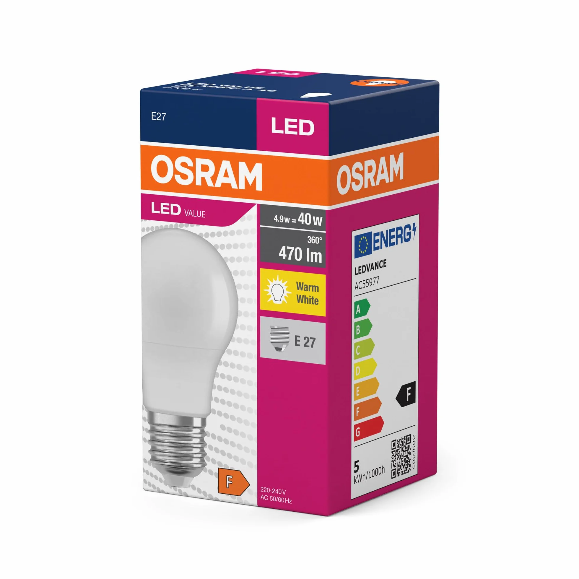 OSRAM LED Star Value Classic A40 Żarówka LED do gniazda E27, kształt gruszki, FR, 470 lumenów, ciepła biel (2700K), zamiennik konwencjonalnych żarówek 40W, bez możliwości ściemniania