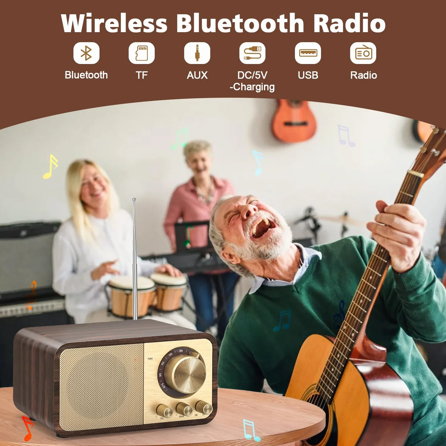 Tendak Radio FM retro Bluetooth z głośnikiem 5 W, akumulator 2000 mAh, karta TF, odtwarzacz MP3 USB, obsługa trybu AUX/bas