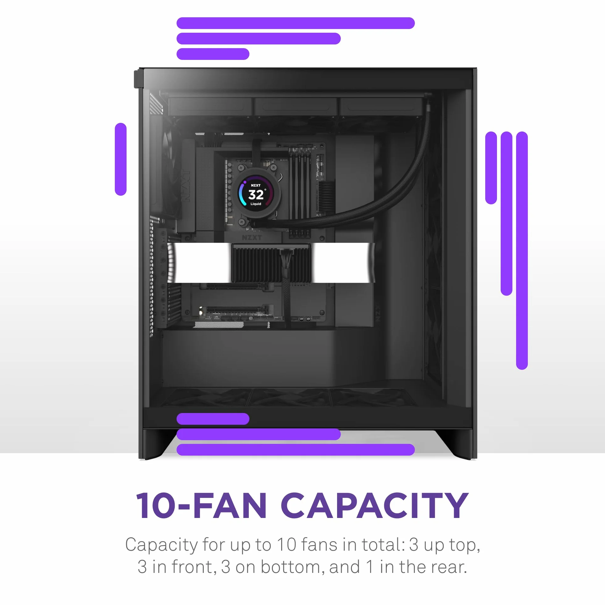 NZXT H7 Flow | Obudowa ATX Mid-Tower z przepływem powietrza | Obsługuje 3 wentylatory 120 mm na dole do bezpośredniego chłodzenia GPU | Zawiera 3 wentylatory 120 mm z przodu | Czarny