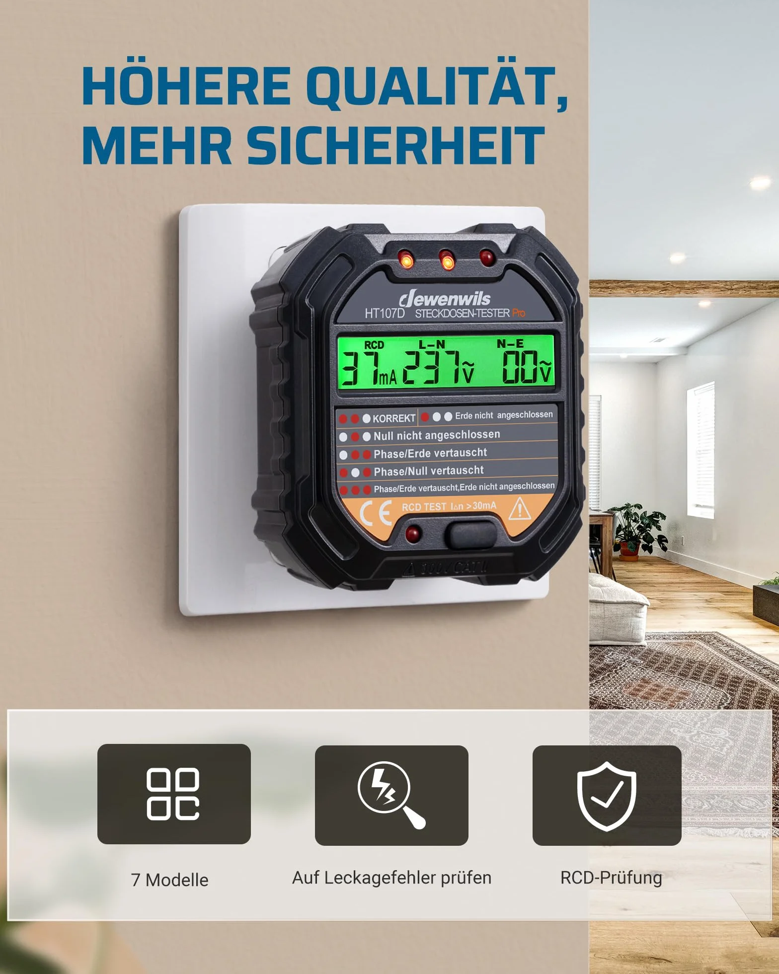 DEWENWILS Tester gniazd z kontrolą RCD i wyświetlaczem napięcia LCD, 6 rodzajów diagnostyki błędów, wskaźnik napięcia i prądu, test FI, 48-250 V/45-65 Hz, CAT ll 300 V