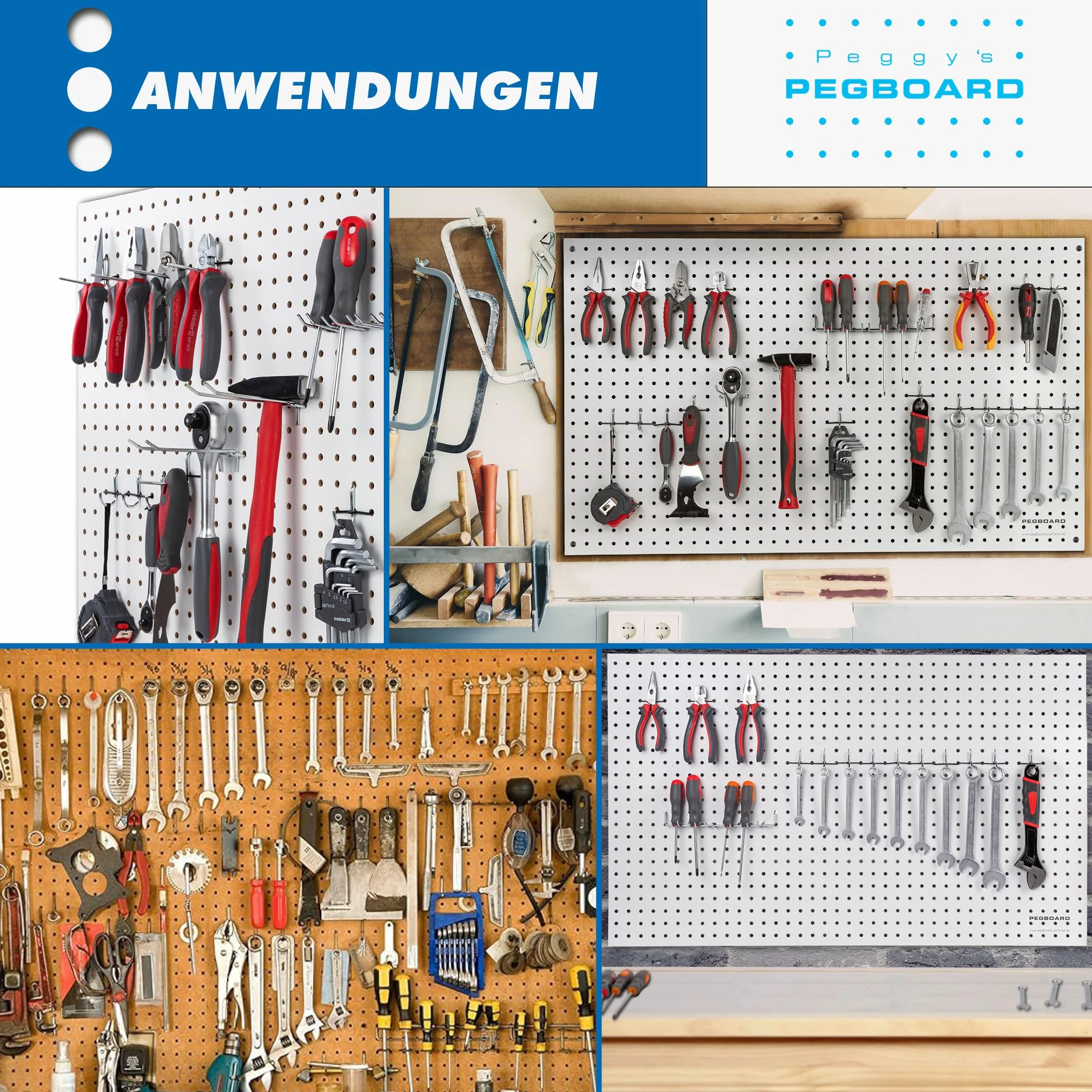 Pegboard MIDI 1 sztuka ściany narzędziowej z drewna (MDF) 100 x 60 x 0,5 cm – otwór Ø 7 mm odstęp między otworami 25,4 mm – lakierowana na biało – Made in Germany