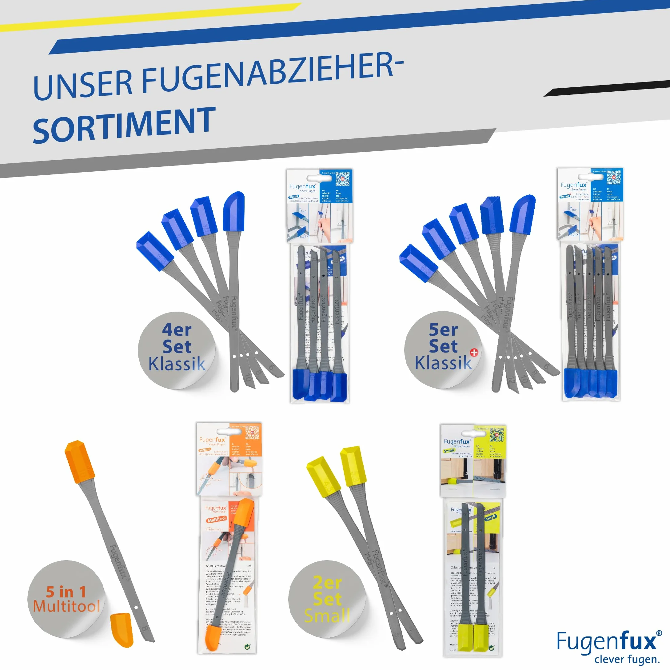 FUGENFUX® Zestaw profesjonalny: Classic 5 + Mały – Specjalny ściągacz do fug – Gładzik do fug każdej wielkości – Ściągacz do fug z rewolucjonującą magiczną końcówką do trudno dostępnych miejsc