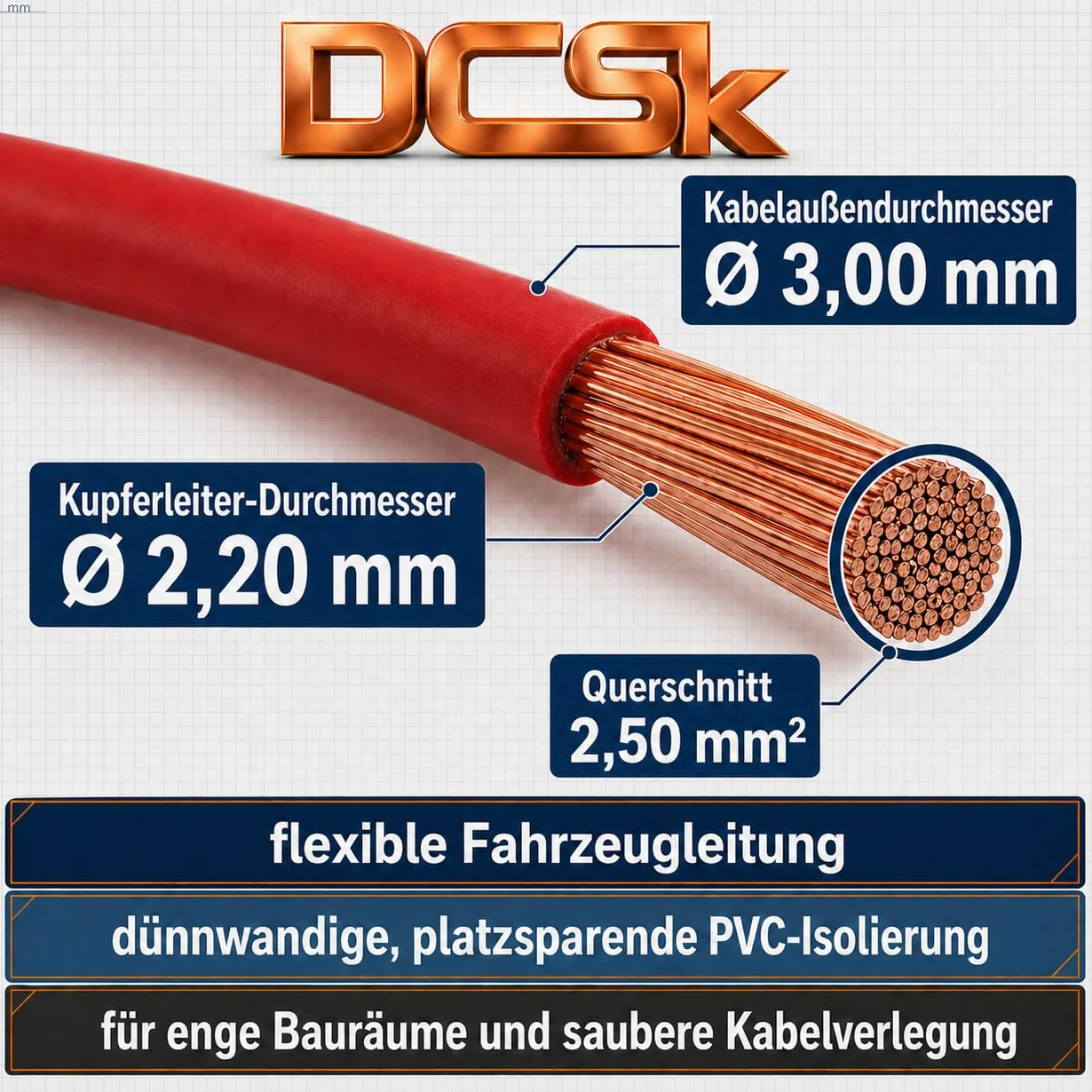 DCSk 2,5 mm² przewód samochodowy FLRY typu B asymetryczny, skrętka, kolor czerwony/czarny, pierścień 10 m