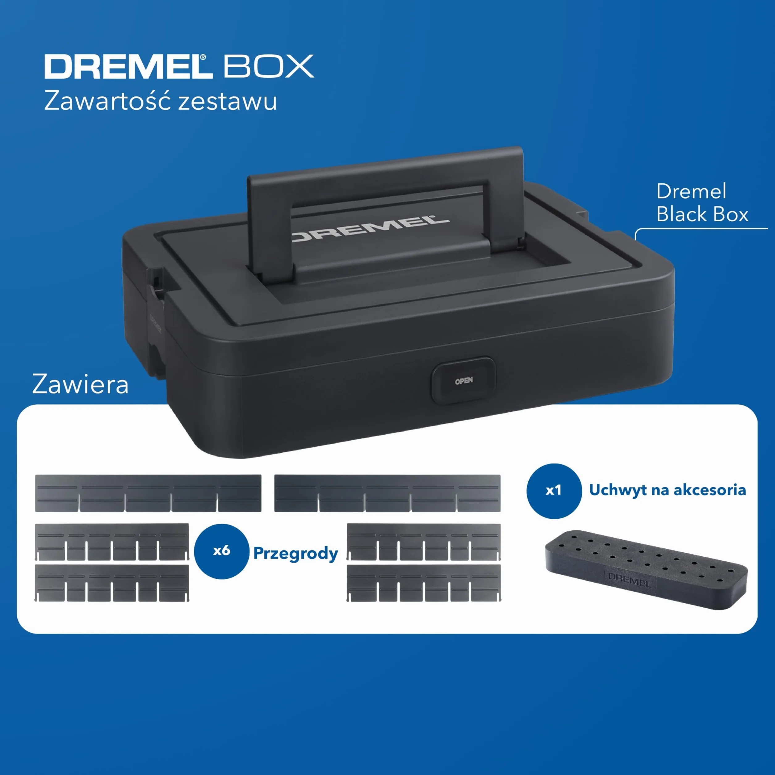 Dremel Black Box Przechowywanie narzędzi z 6 przegródkami i uchwytem na akcesoria, Personalizowany organizer DIY do akcesoriów narzędzi obrotowych, kompaktowy i modułowy system przechowywania