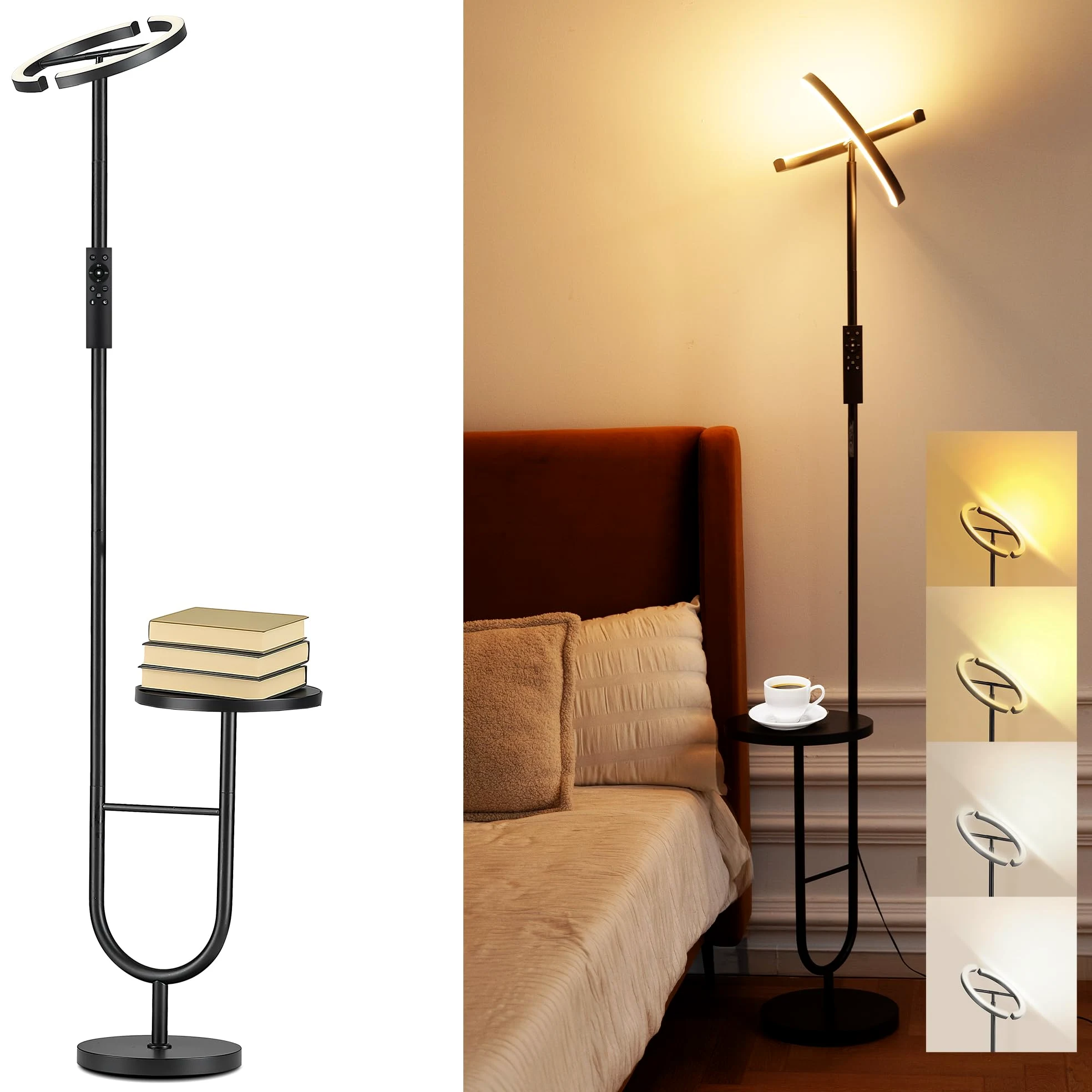 AVEN MF19 lampa stojąca LED, 36 W, ściemniana, z pilotem zdalnego sterowania, lampa stojąca z półką na półkę, obracana o 360°, nowoczesna lampa stojąca, czarna, do sypialni