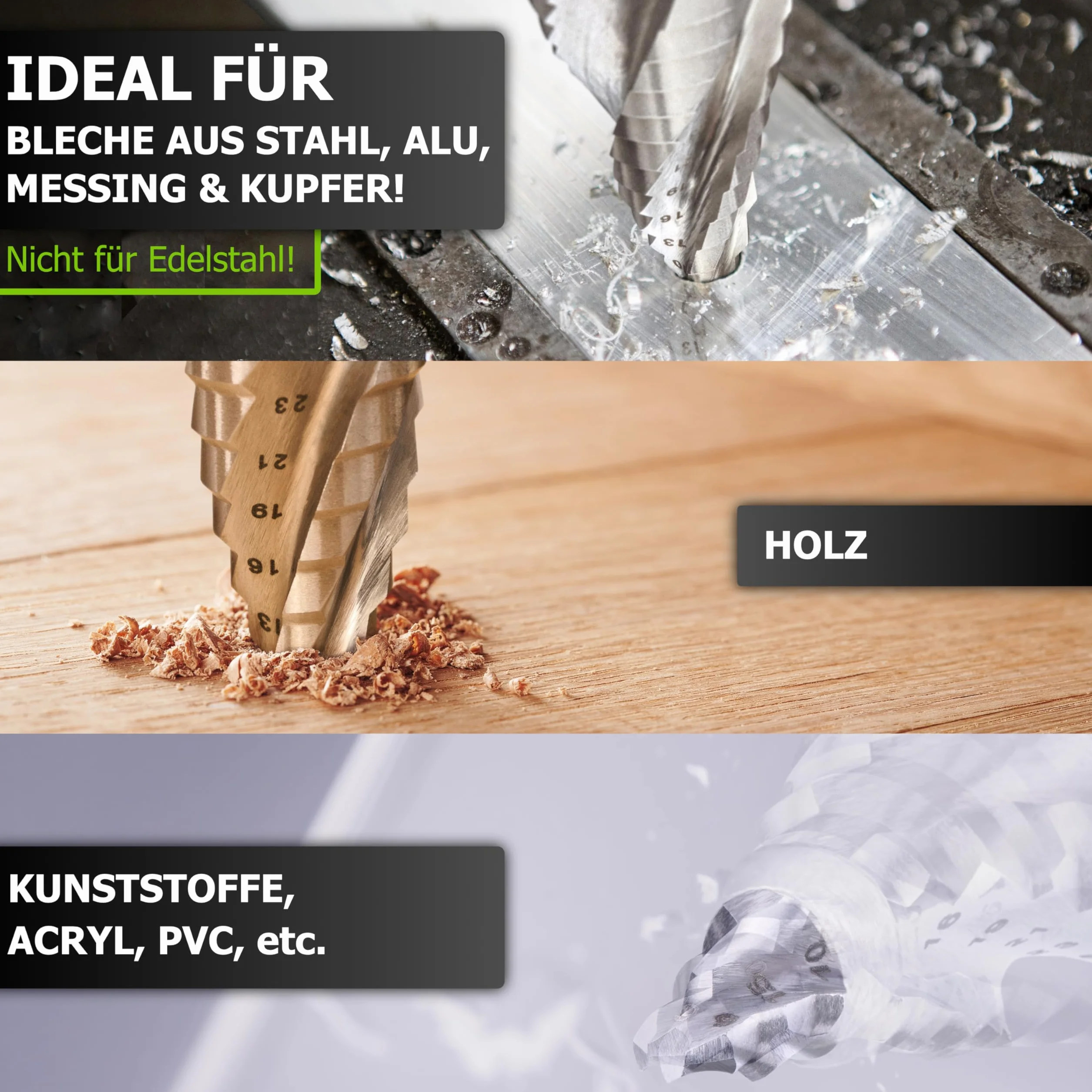 PINAVA® HSS wiertło stopniowe 4XSPIRAL [szybsze, bardziej precyzyjne, bardziej trwałe] – wiertło stożkowe z trzonkiem trójkątnym 10 mm do metalu, drewna, tworzywa sztucznego – wiertło do otworów Ø 5