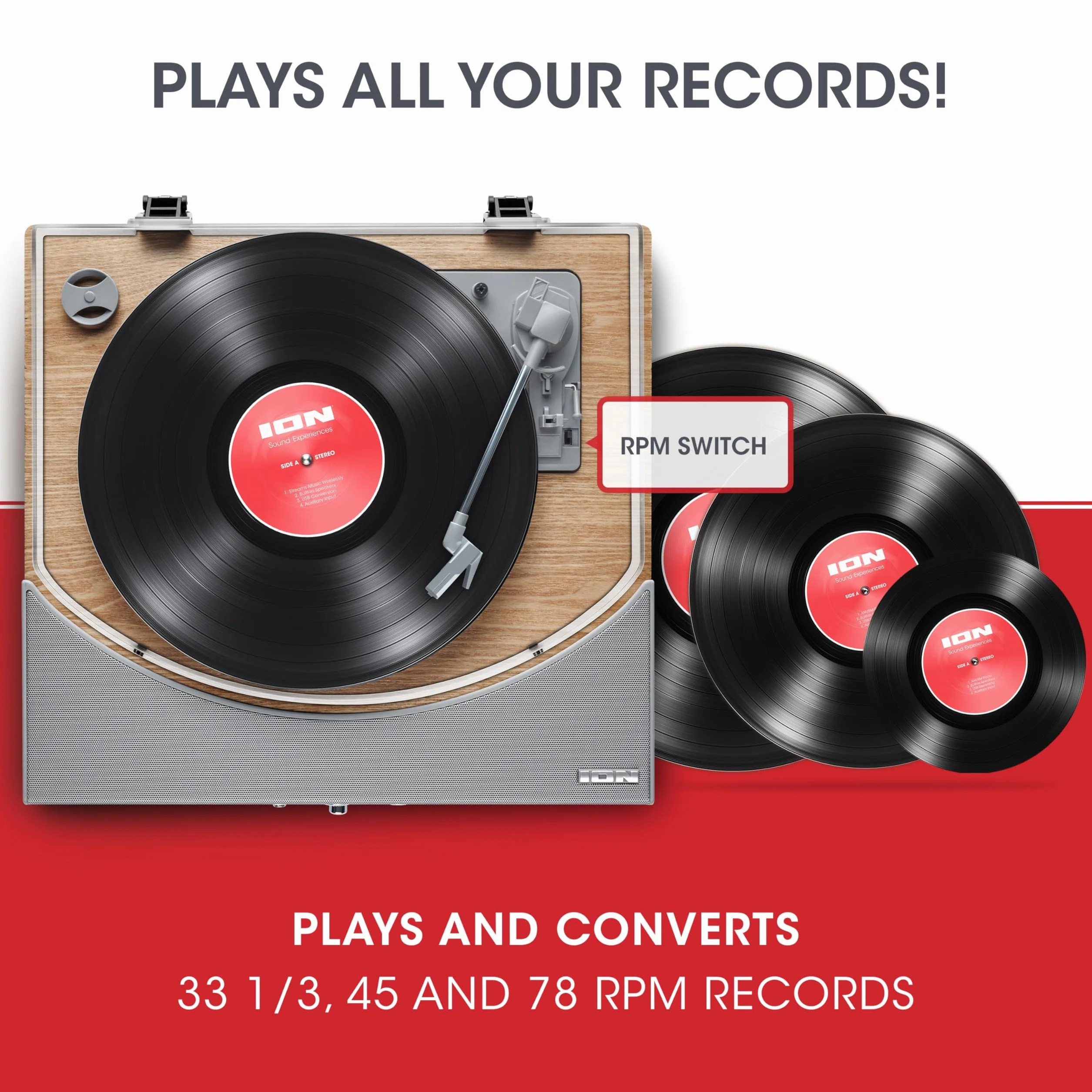 ION Audio Premier LP bezprzewodowy gramofon Bluetooth winylowy z głośnikami USB RCA słuchawkowymi drewno