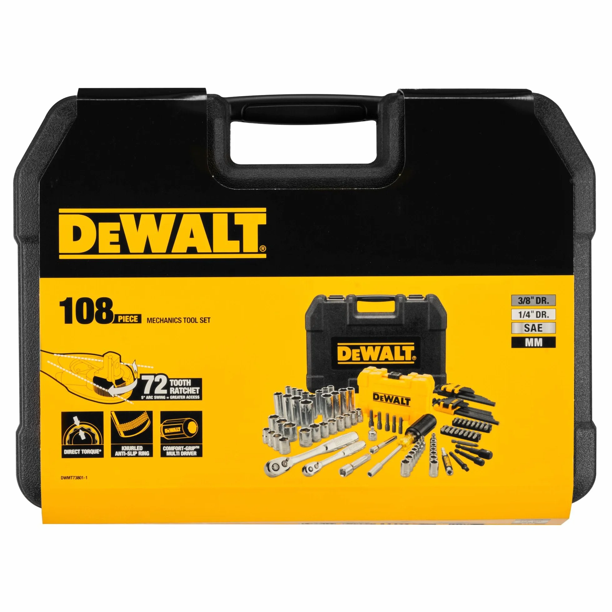 DeWALT DWMT73801-1 zestaw narzędzi mechanicznych, metryczny, imperialny, 1/4 cala, 3/8 cala, 108-częściowy