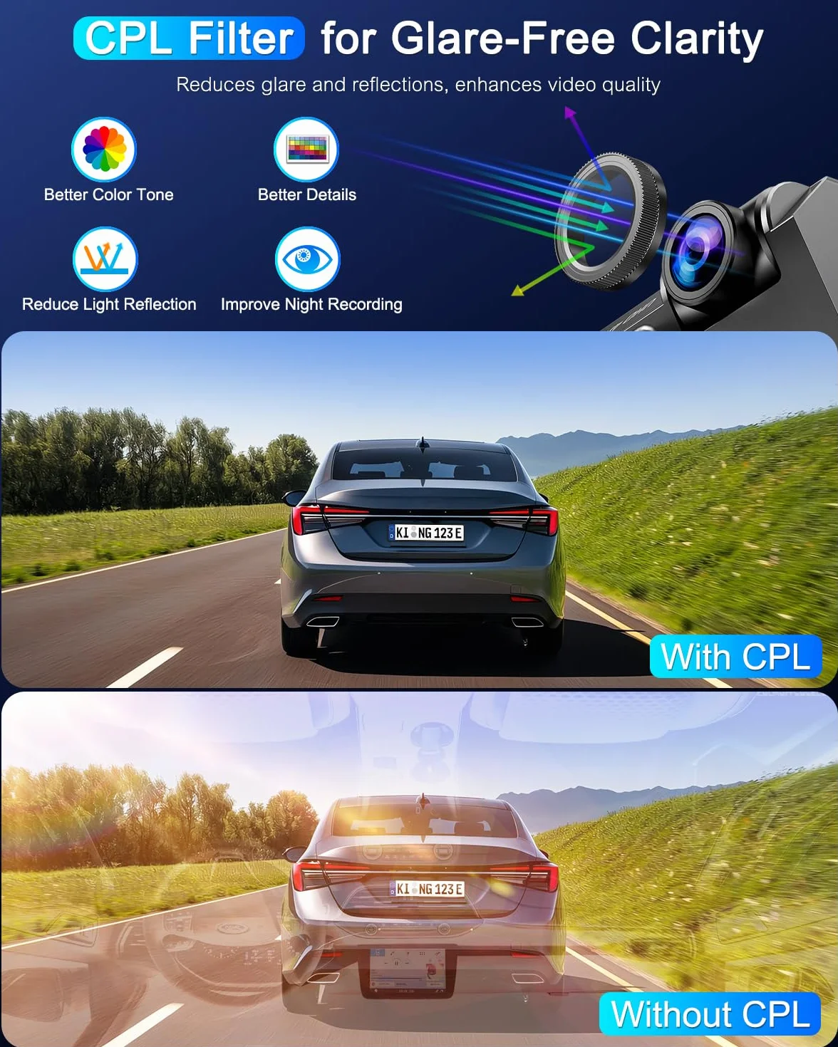 kamera samochodowa przód tył 4K+1080P z filtrem CPL,Kamera samochodowa obracana o 360°,karta SD 64 G,5GHz WiFi Dash Cam, ekran 3,69",170°+140°,czujnik G,nagrywanie w pętli,monitorowanie parkowania