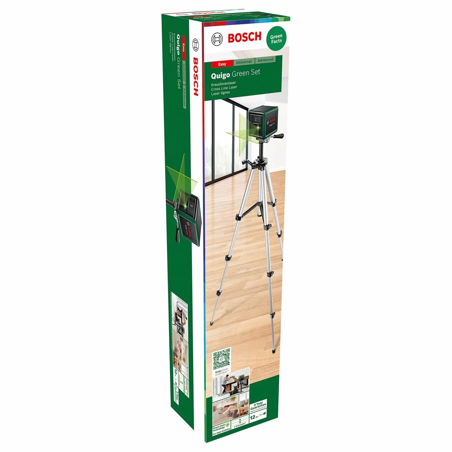 Bosch Laser Krzyżowy Quigo Green ze Statywem Zielona Wiązka Lasera Precyzyjne Wyrównywanie